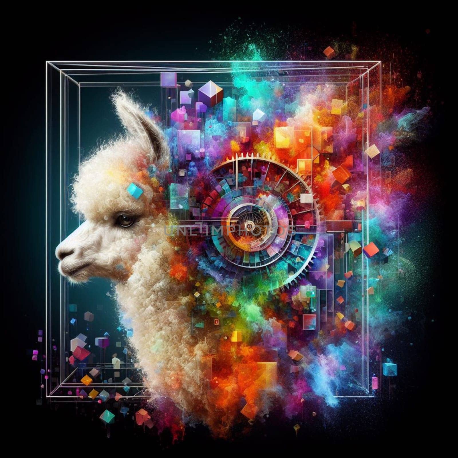 a color explosion of paint render alpaca steampunk geared poly and gears creation abstract scupture generative ai art