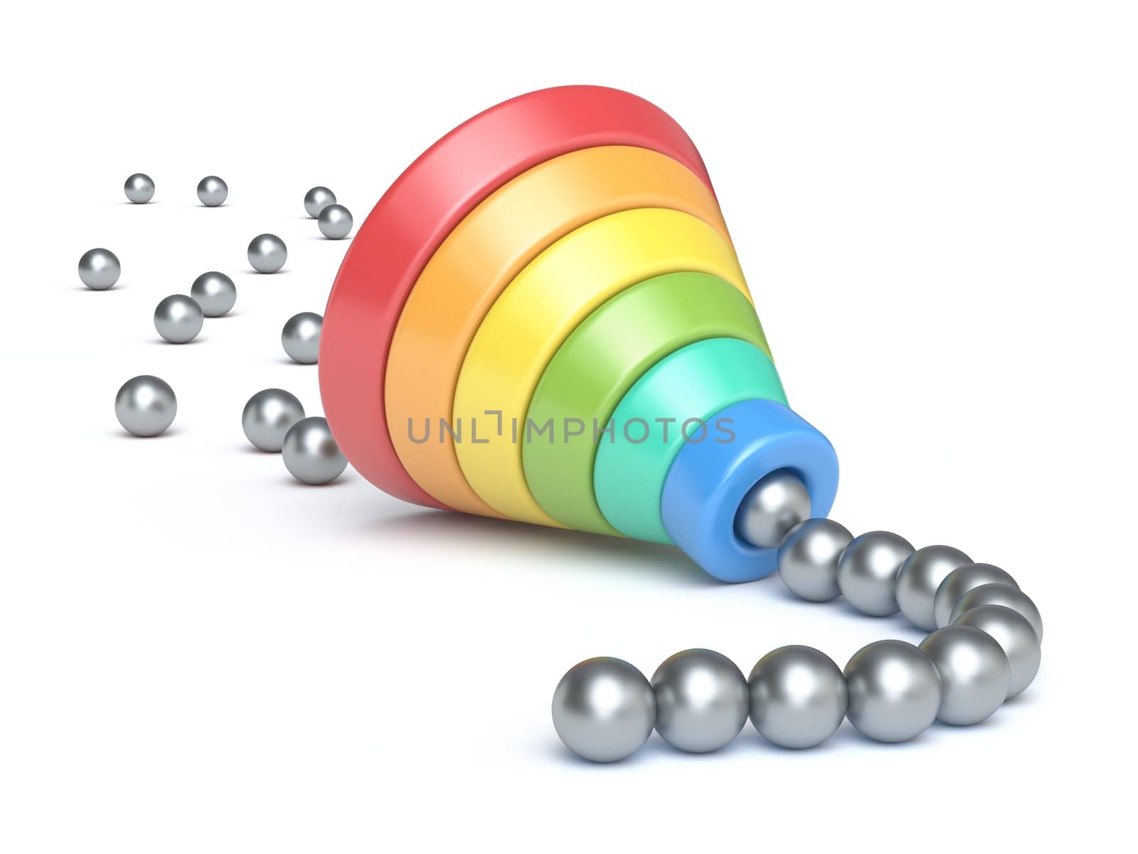 Chart funnel sorting metal balls 3D rendering illustration isolated on white background