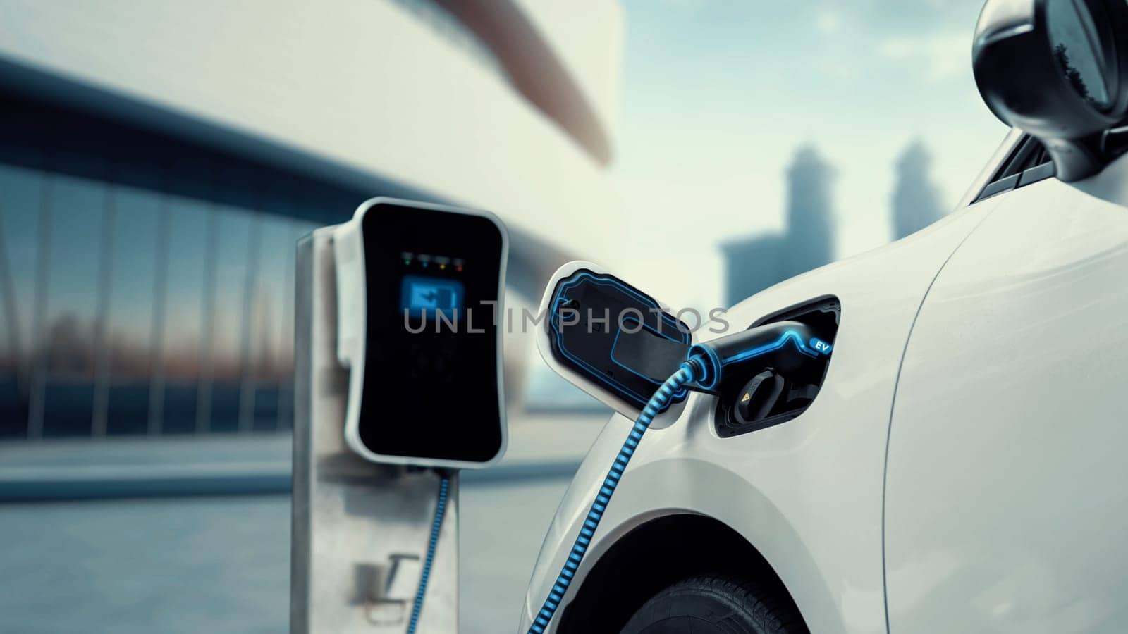 Electric car recharge to charging station with future building. Peruse by biancoblue