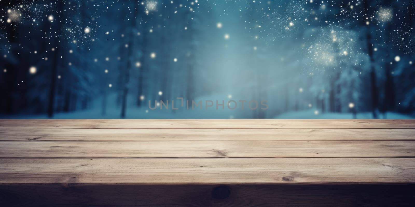 Table in beautiful winter landscape, wood plank in mountain outdoor comeliness by biancoblue