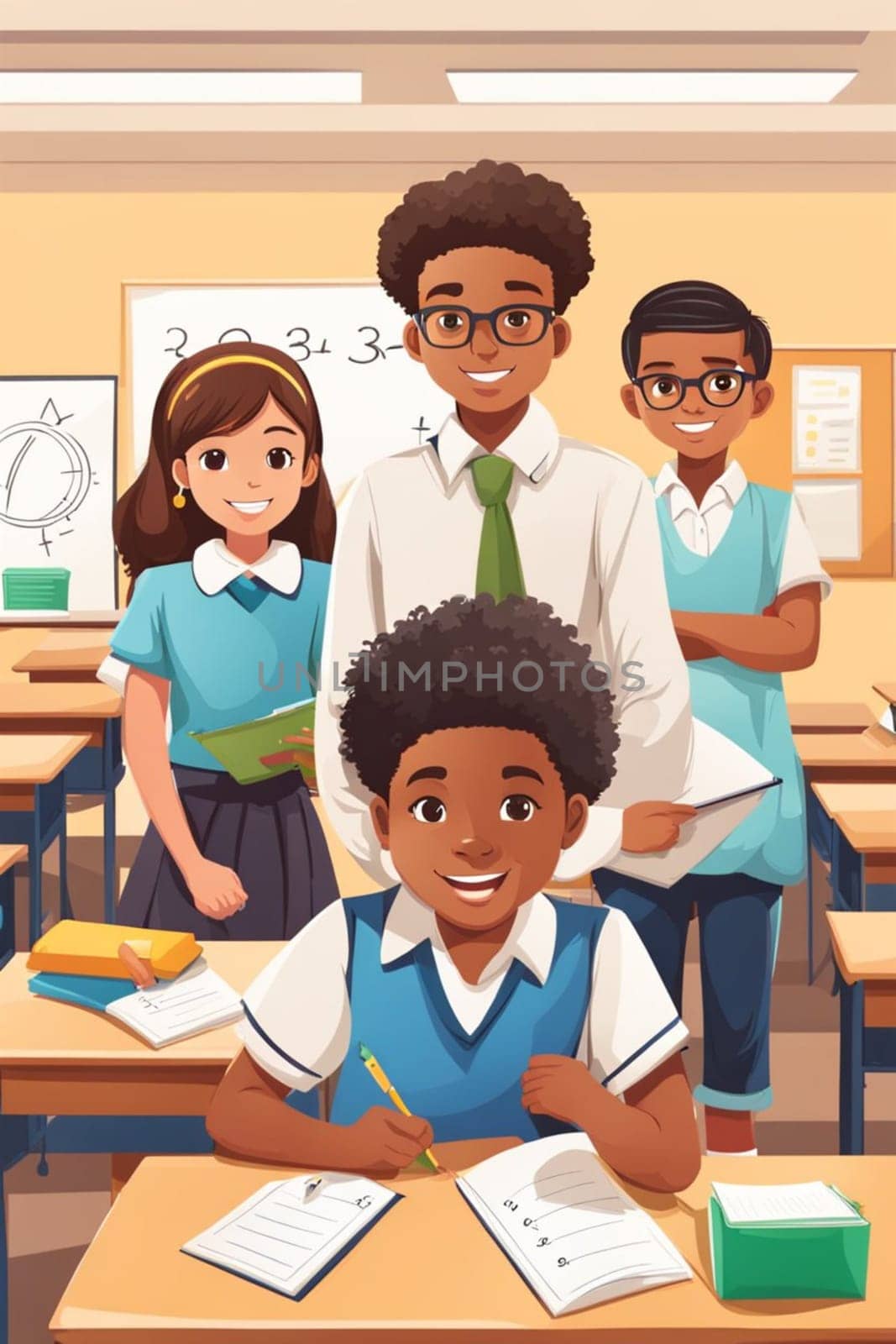 students and pupil in lesson at school in a classroom, bright dayligh, in uniform illustration by verbano