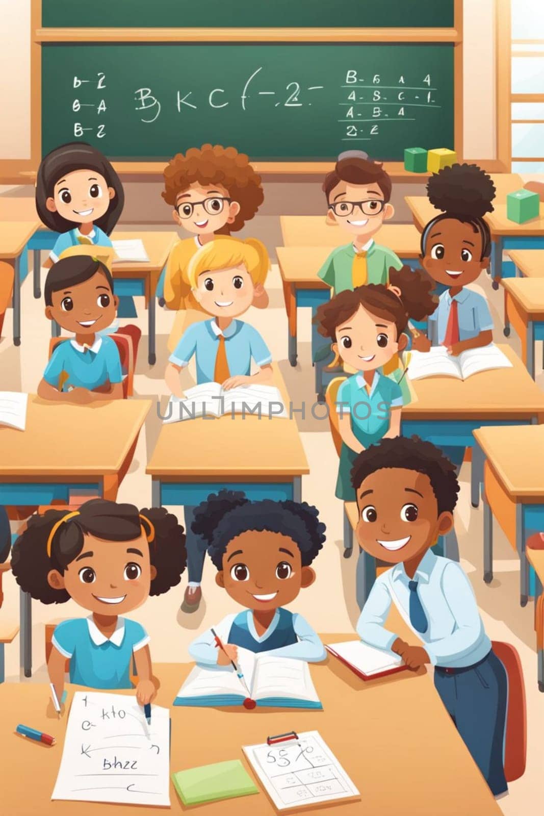 students and pupil in lesson at school in a classroom, bright dayligh, in uniform illustration by verbano