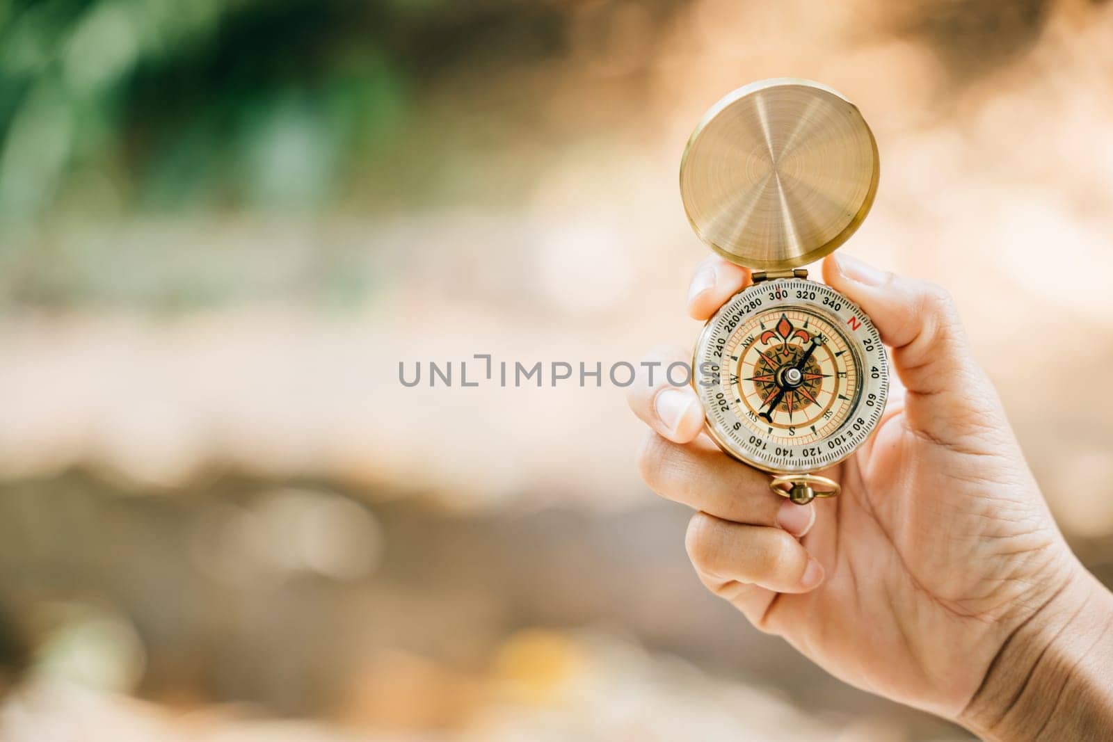 Amidst the picturesque forest and serene lake a woman's hand securely holds a compass epitomizing guidance and the adventurous exploration that awaits in the great outdoors.