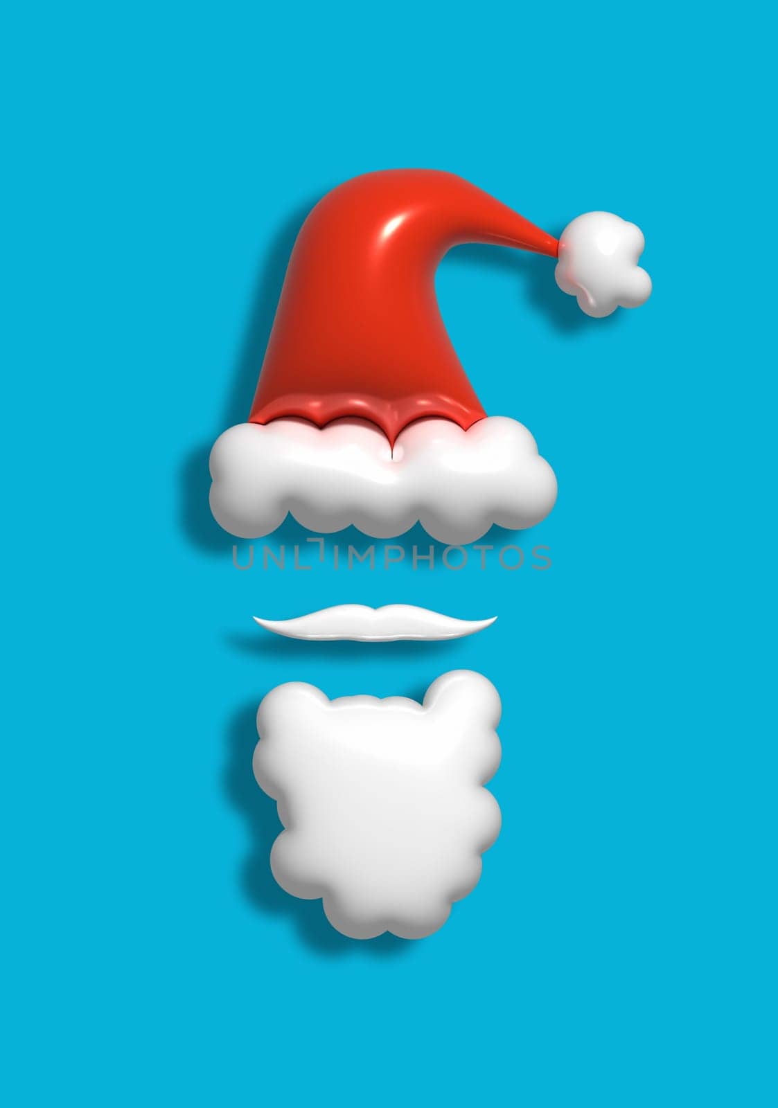 Red santa hat with white balabons and mustache on a blue background, 3D illustration.