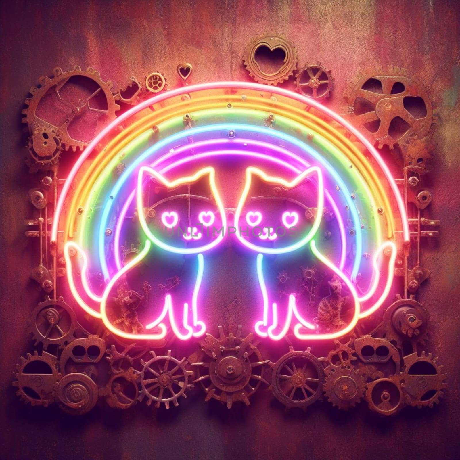 kittens in love steampunk neon valentines day illustration concept by verbano