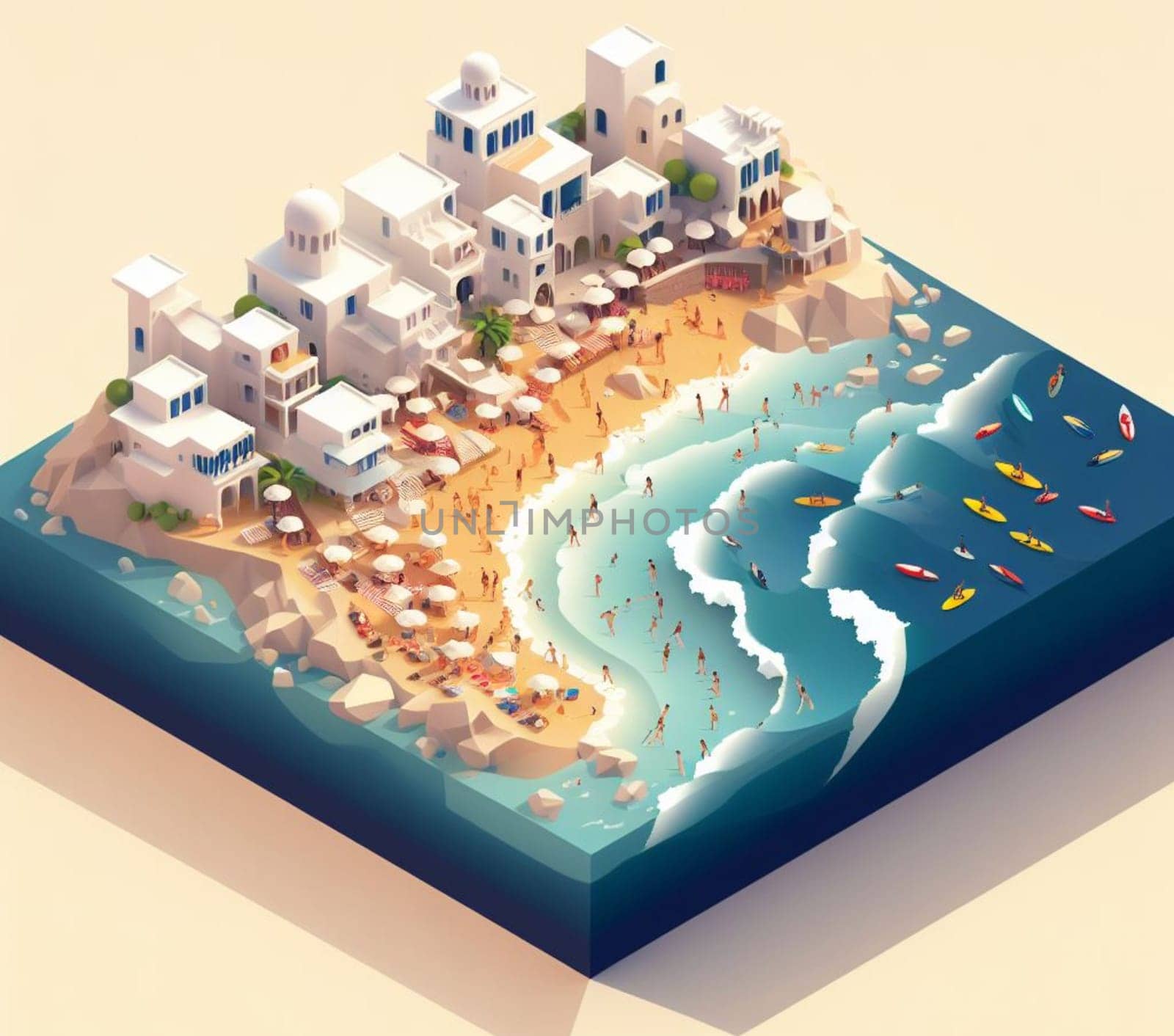 isometric 3d render of a touristic happy colored crowded village at the sea in summertime ai generative art