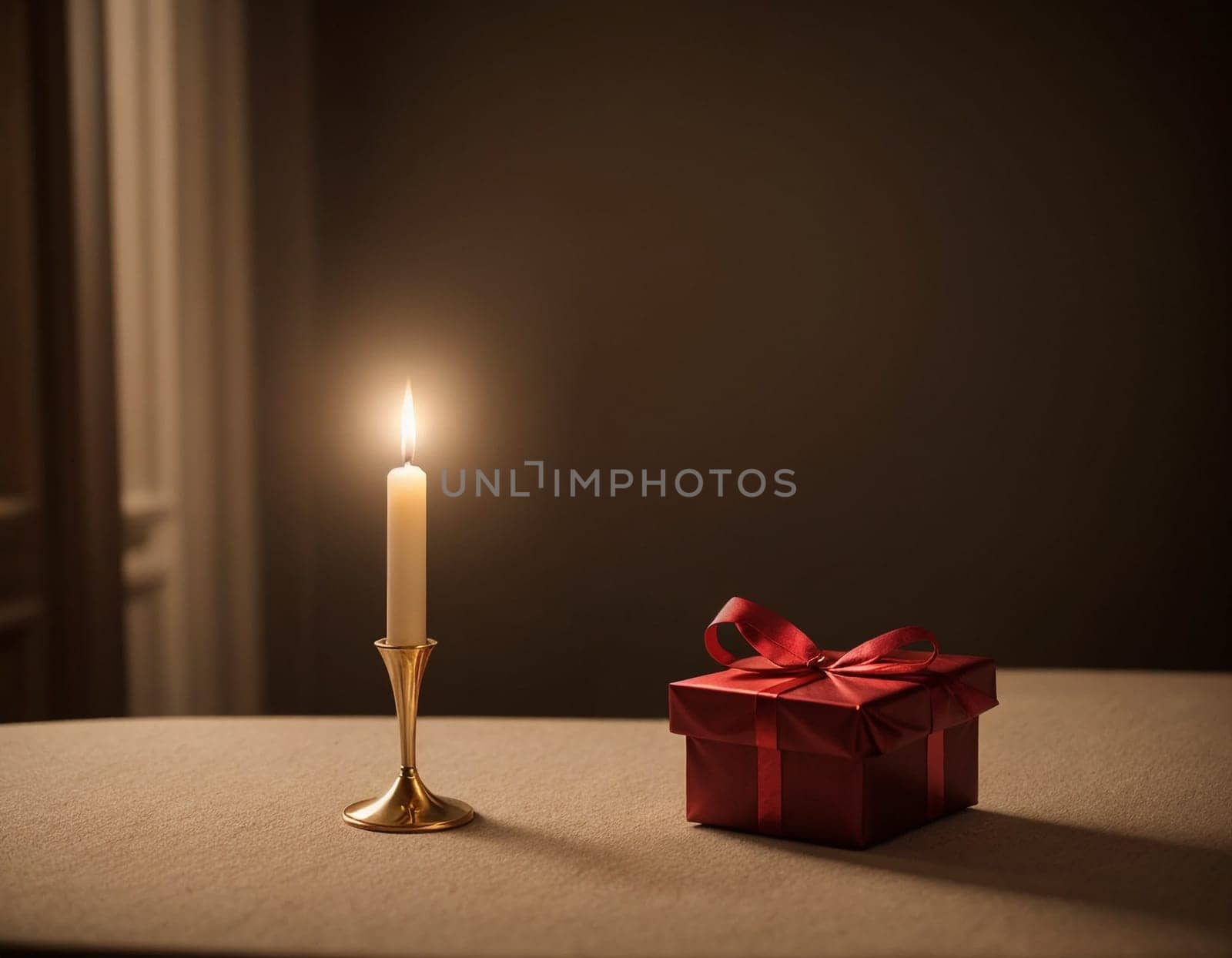 Lovely Christmas background with gifts, decorations and candles on the table