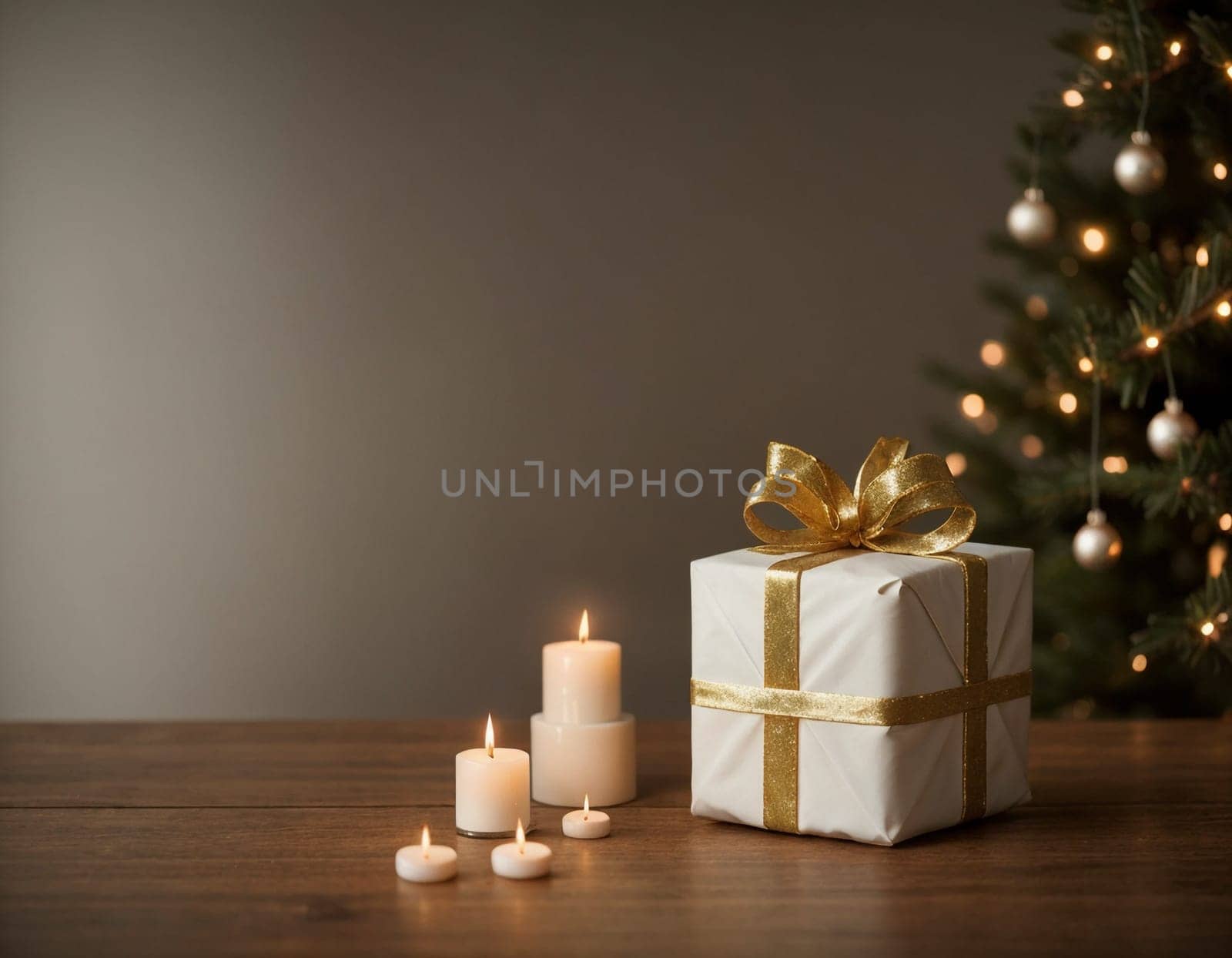 Lovely Christmas background with gifts, decorations and candles on the table