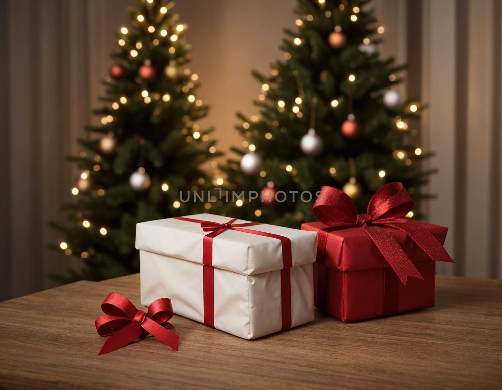 Lovely Christmas background with gifts, decorations and candles on the table