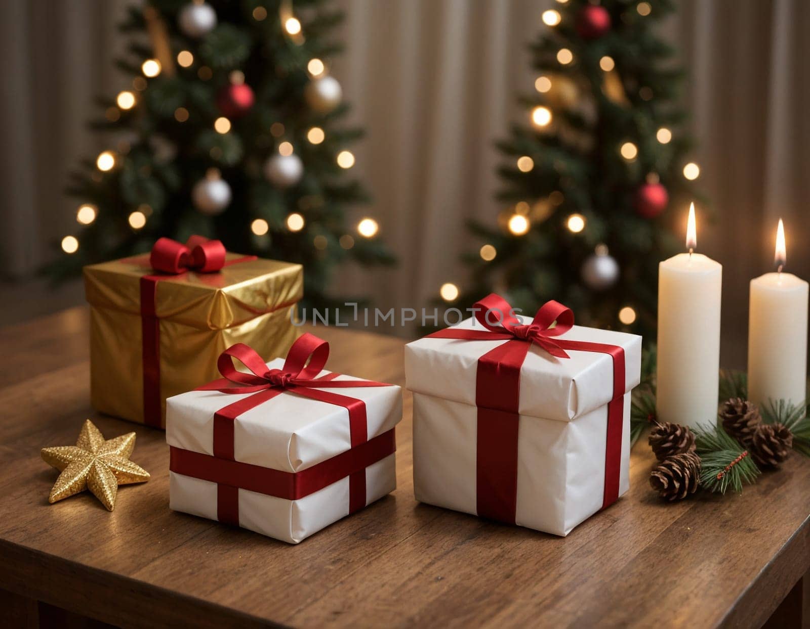 Lovely Christmas background with gifts, decorations and candles on the table