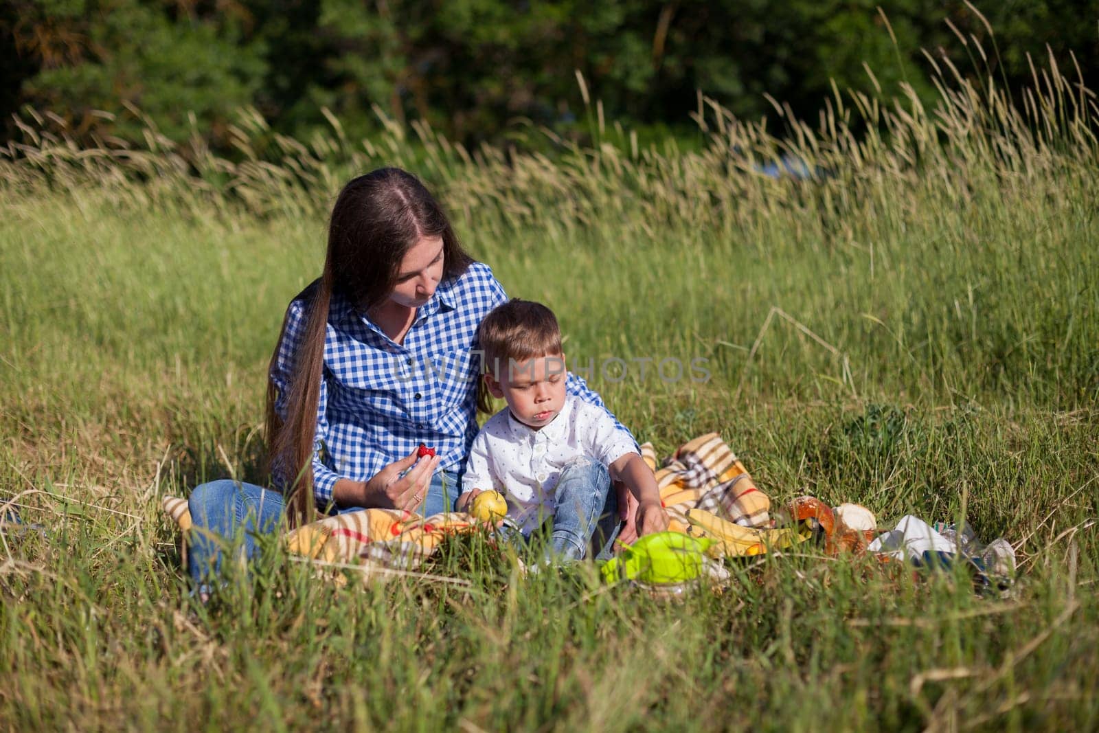 Mom and son eat in park picnic in nature family by Simakov
