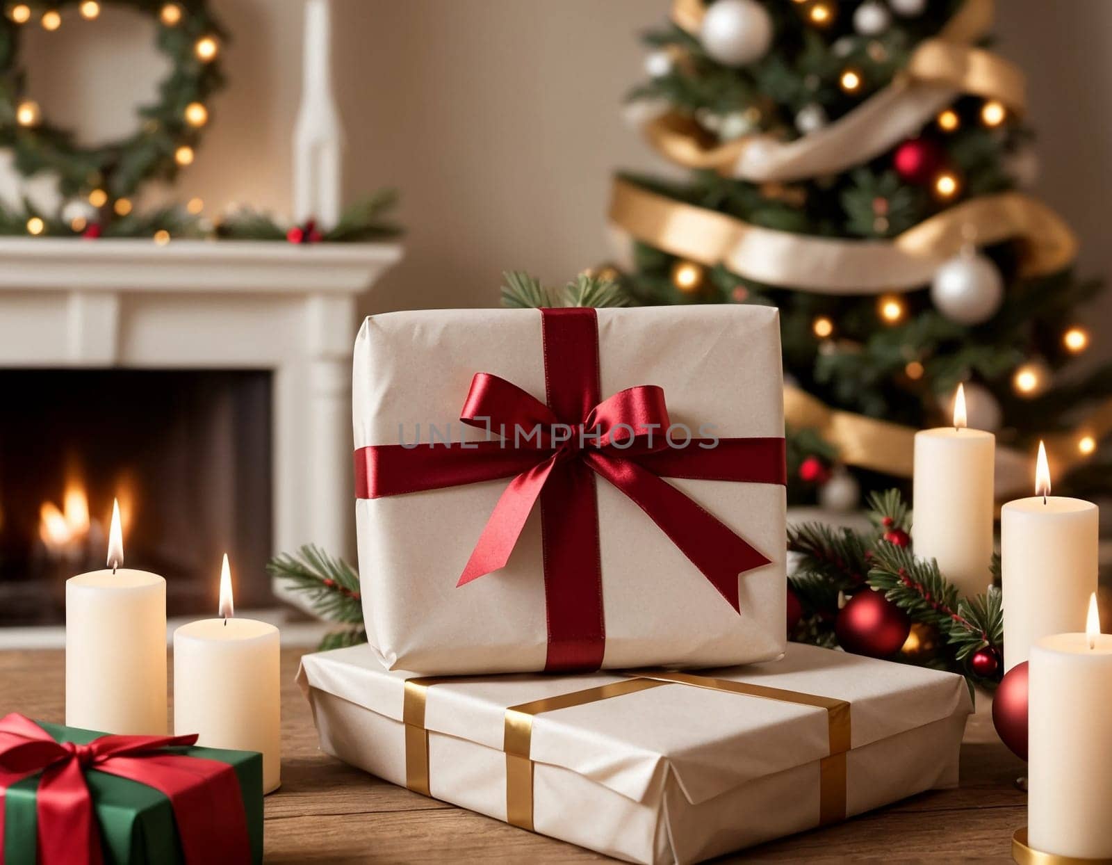 Lovely Christmas background with gifts, decorations and candles on the table