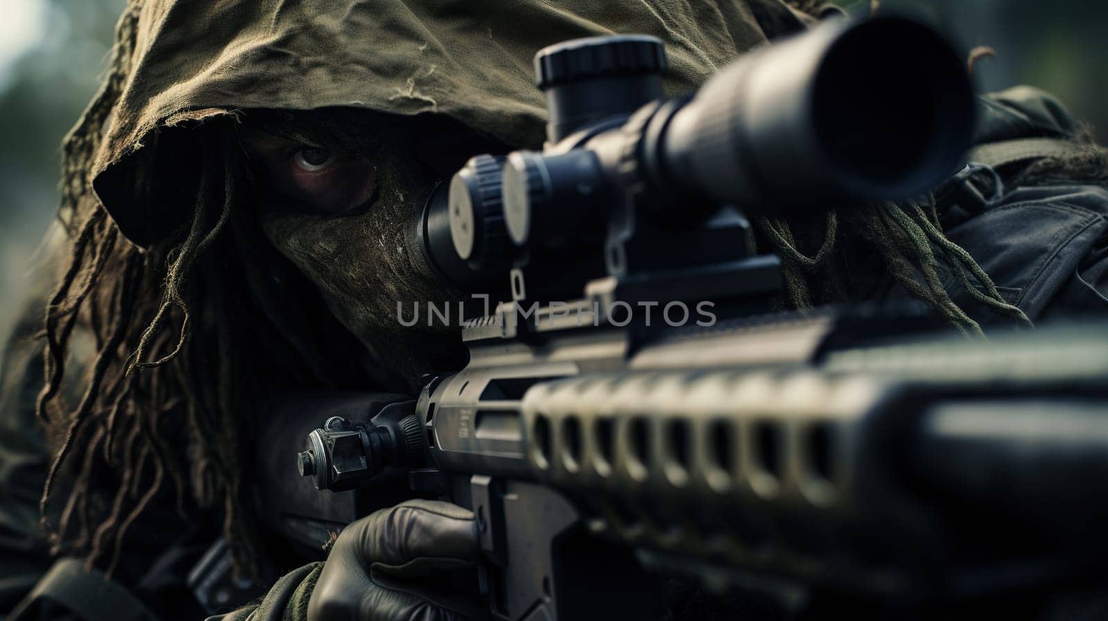 Sniper aiming and shooting from hiding place, especially accurately and at long range, war concept