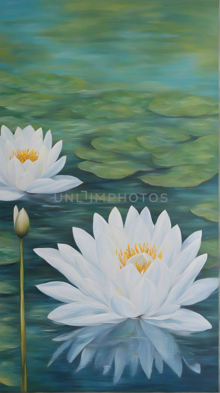 Painting acrylic on canvas Water lilies on the water surface Lotus flower as an. Wall art, home decor, background Generate AI