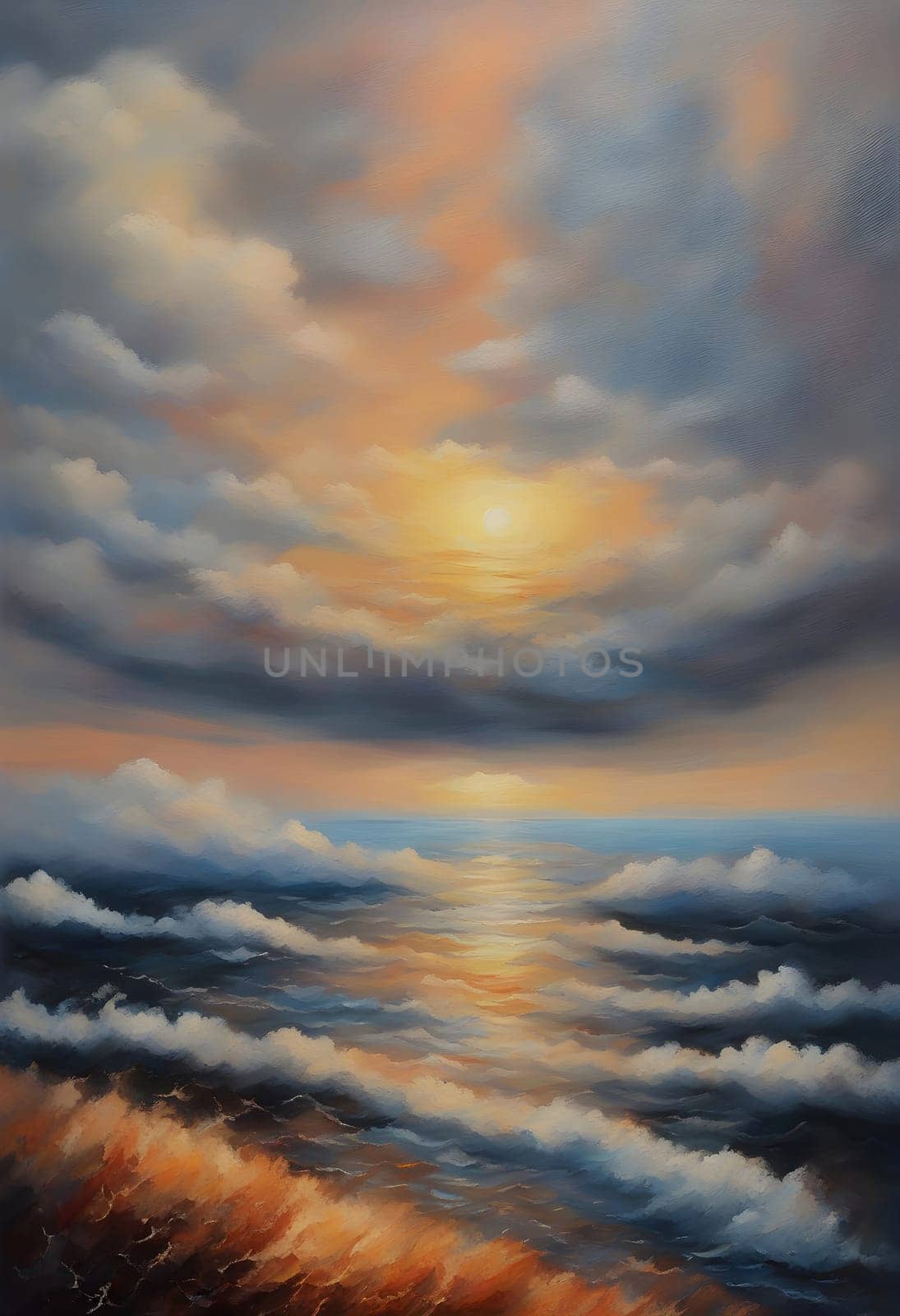 Painting acrylic on canvas Sea of clouds, clouds covered sun sets in the rough sea by rostik924