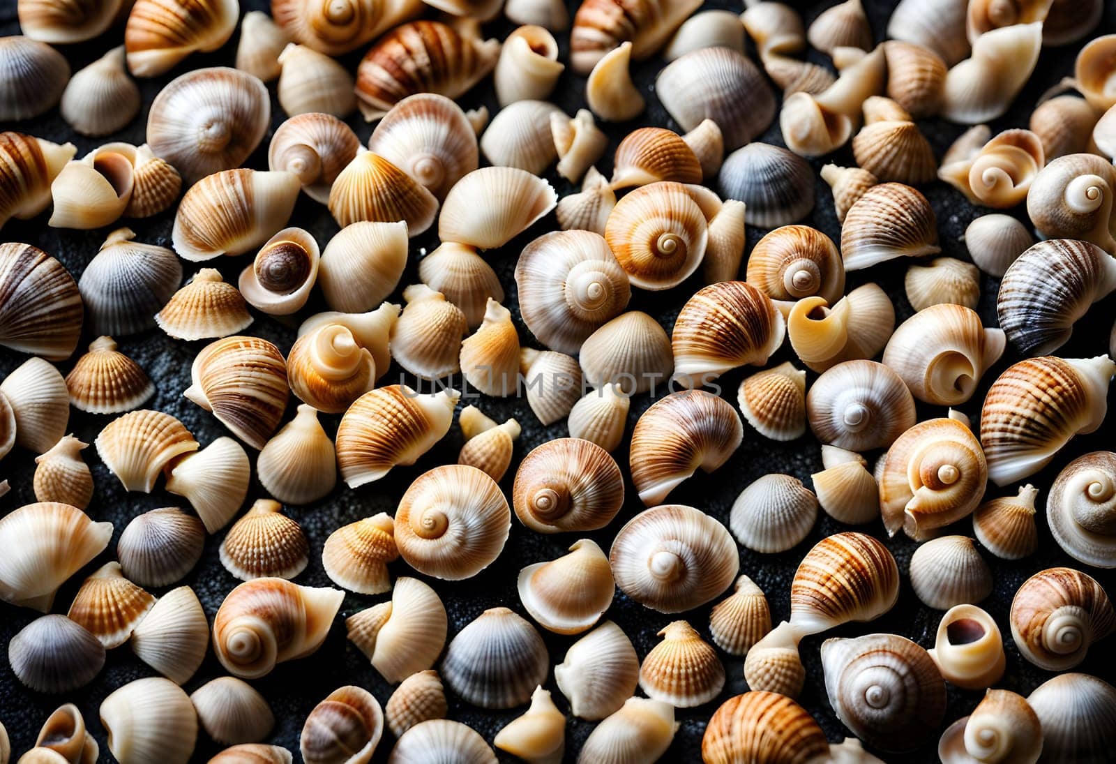 Small shells background, Many small shells of light snails Generate AI