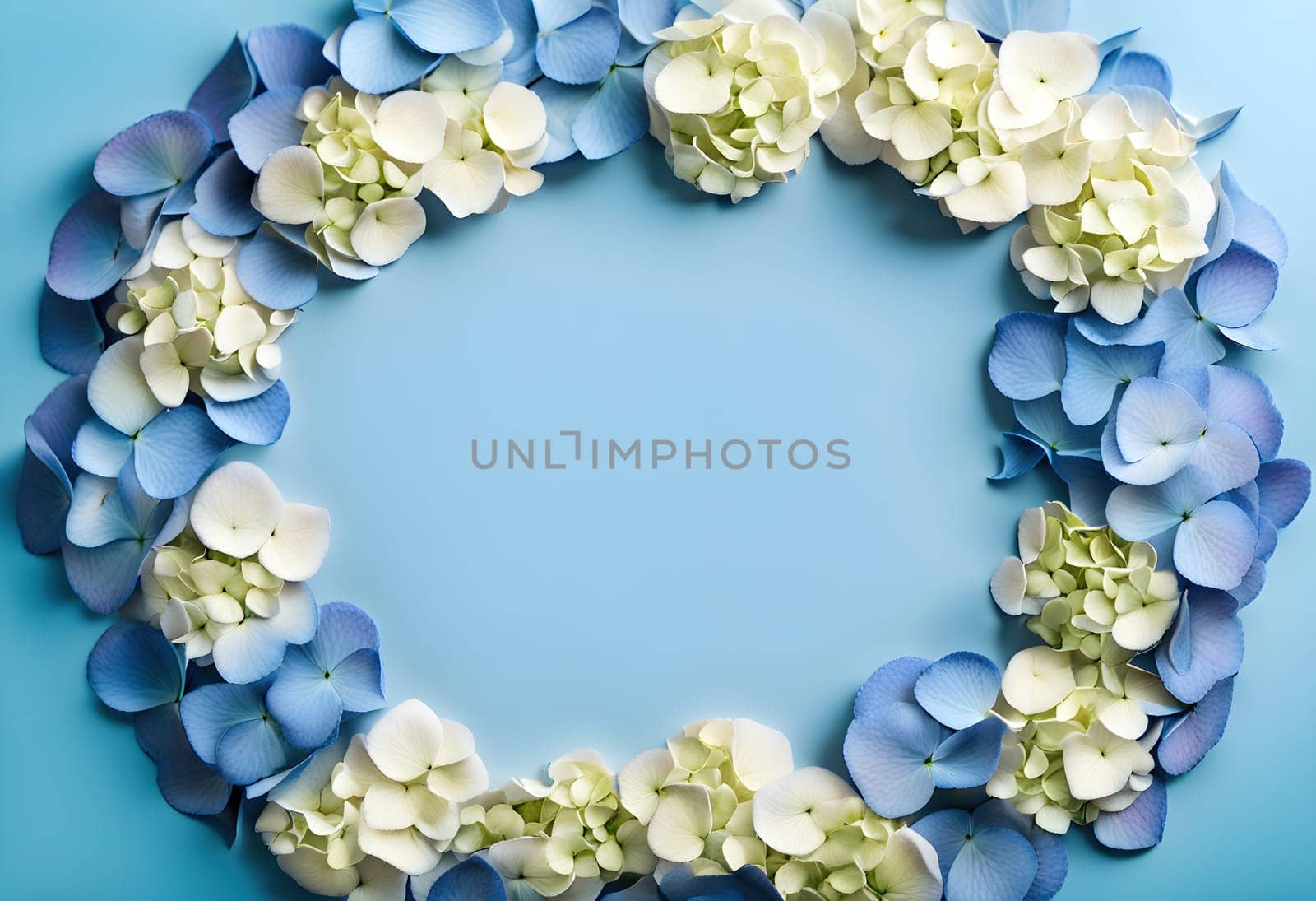 Round frame of hydrangea petals. Top view background. Petal texture Generate AI