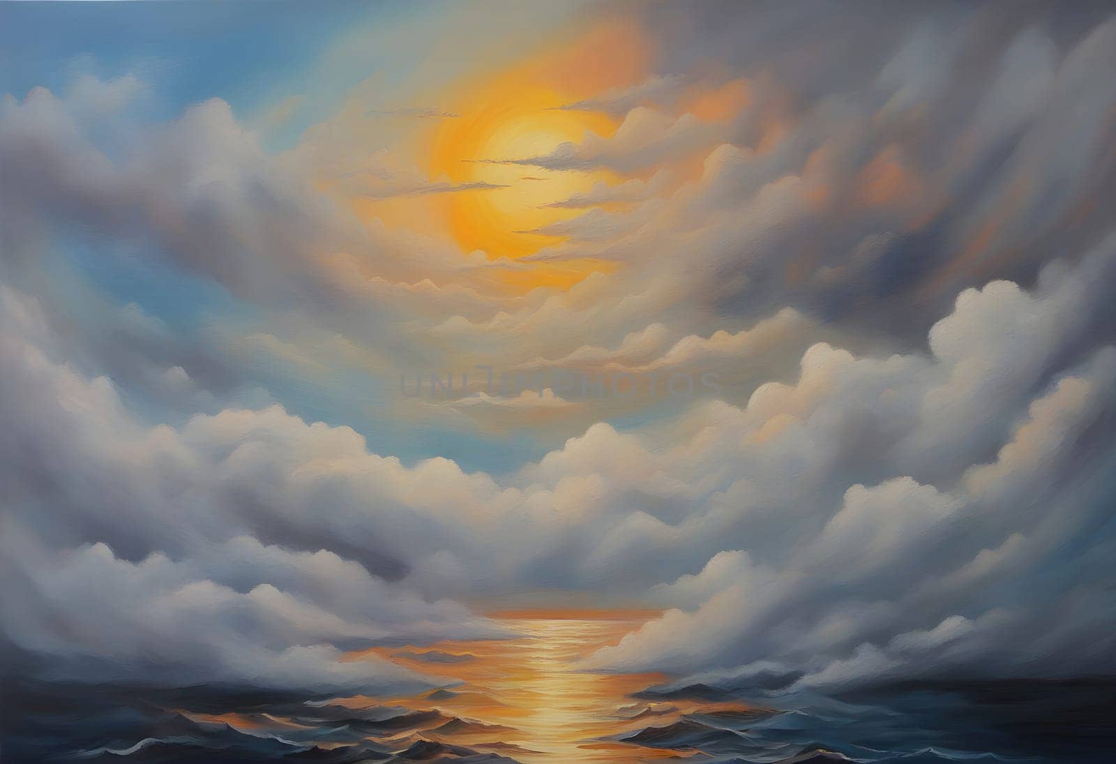 Painting acrylic on canvas Sea of clouds, clouds covered sun sets in the rough sea Generate AI