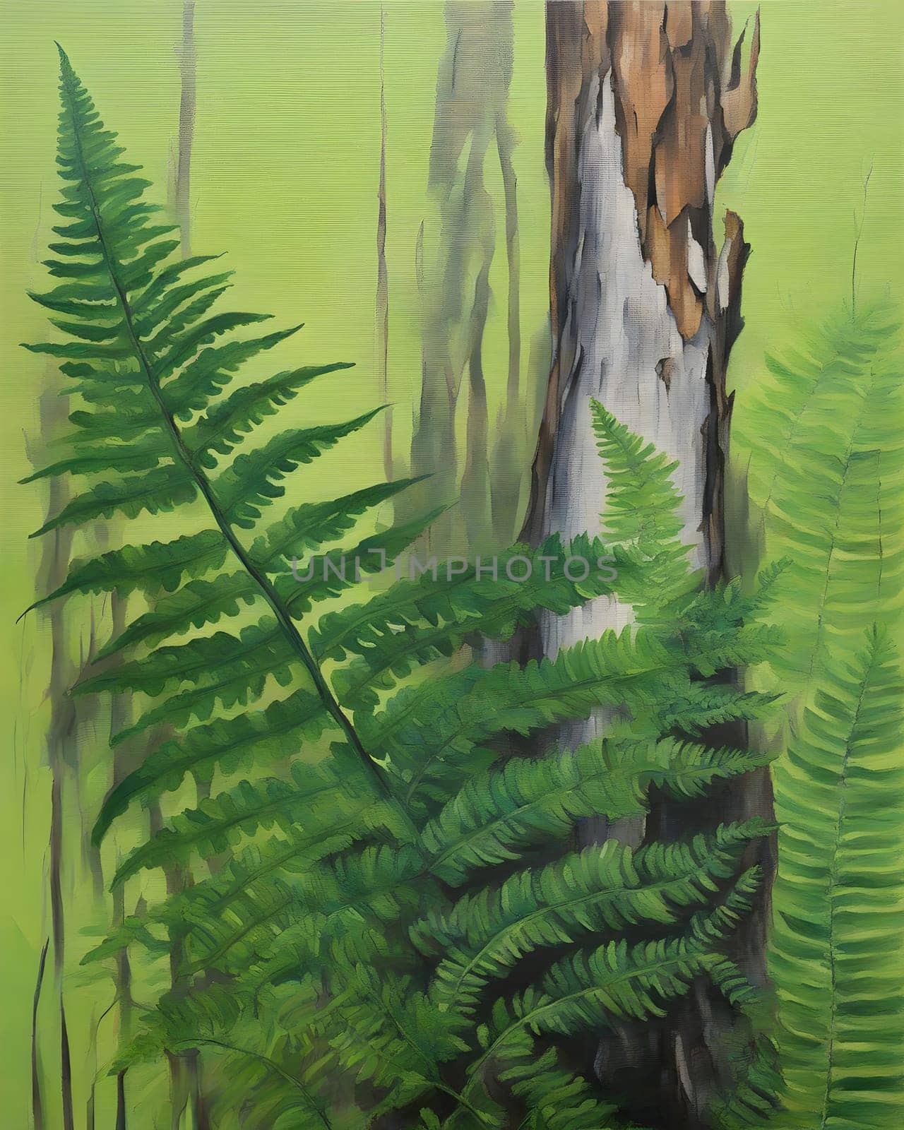 Painting acrylic on canvas Green fern, green fern leaf, dry tree trunk in the background Generate AI