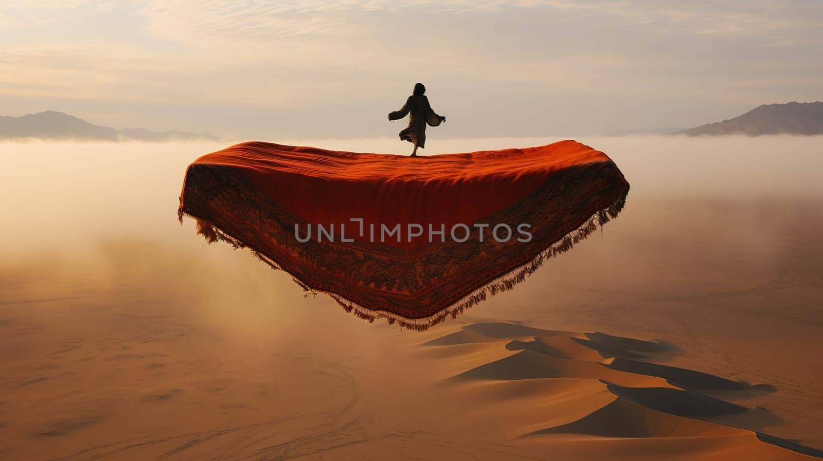Flying carpet with person over a desert
