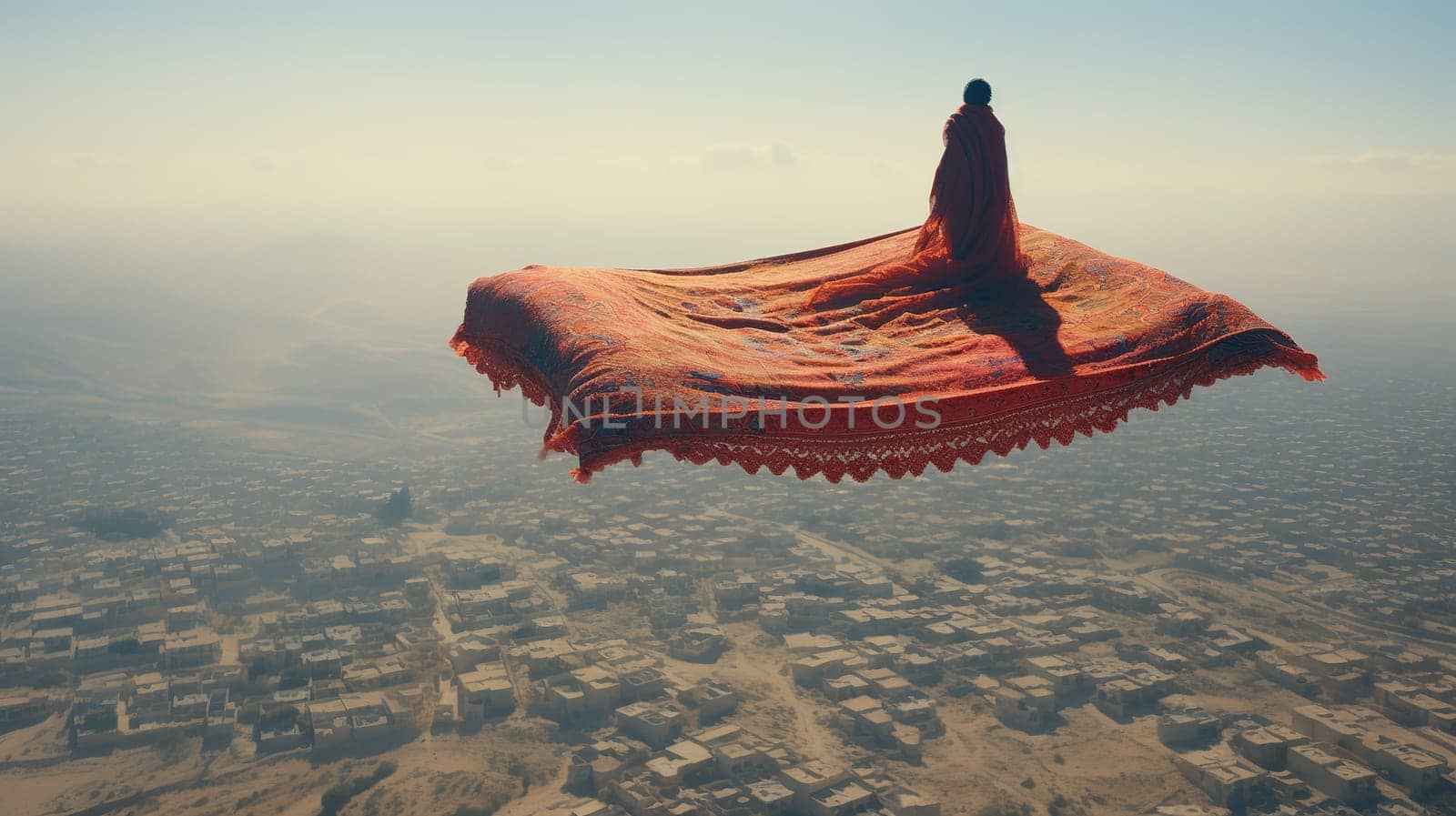 Flying carpet with person over a desert