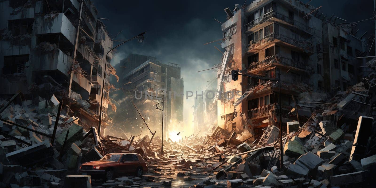 The city after strong earthquake, a sudden and violent shaking of the ground, sometimes causing great destruction, as a result of movements within the earth's crust or volcanic action by Kadula