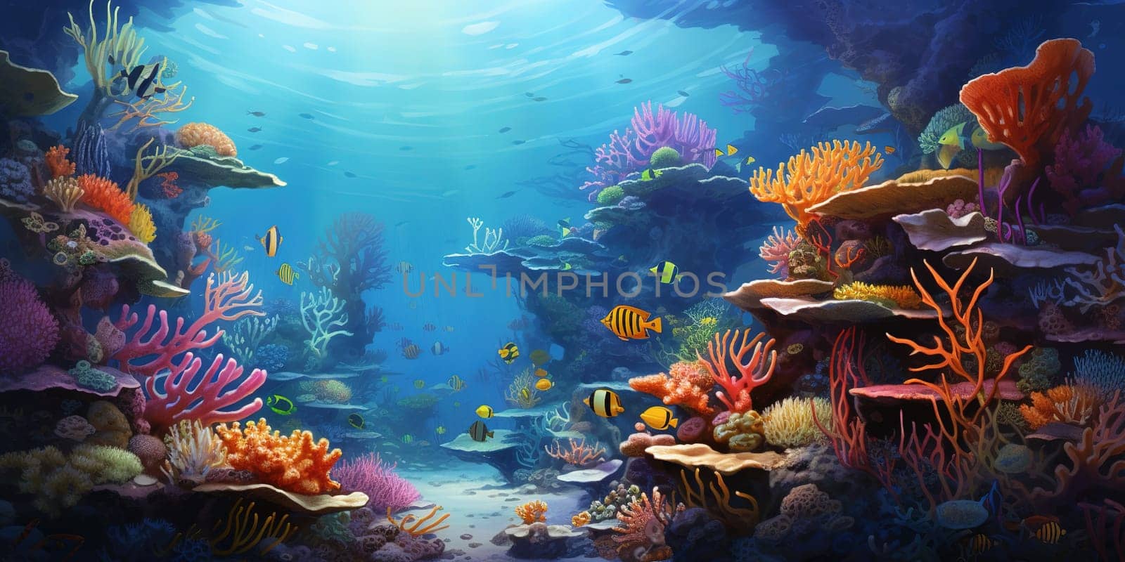 Colorful coral reef underwater, ridge of rock in the sea formed by the growth and deposit of coral, nature concept