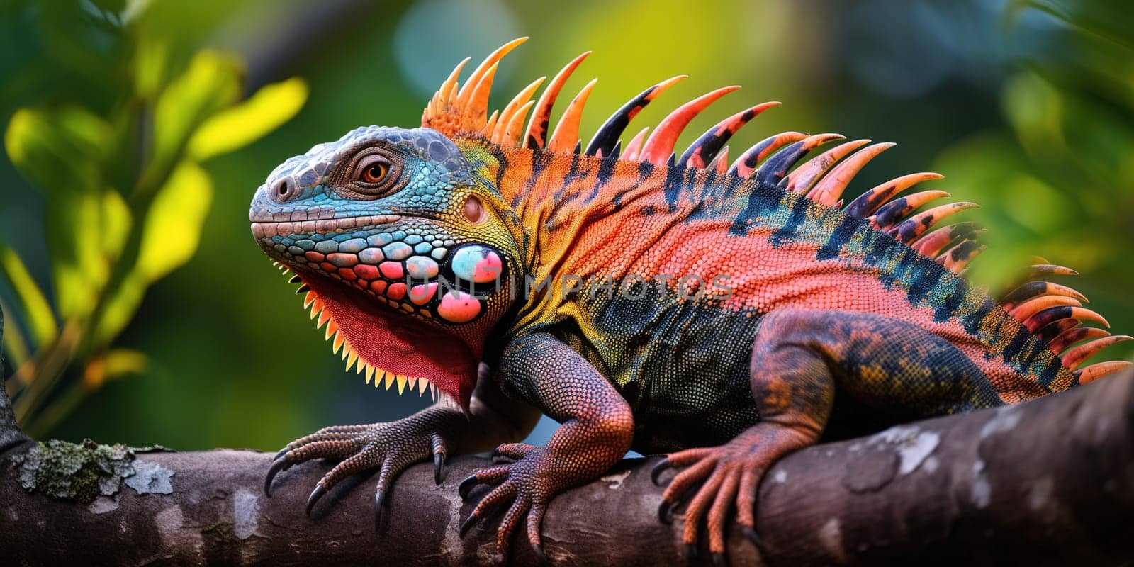 Colorful legion sitting on the branch in a jungle, wildlife and nature concept