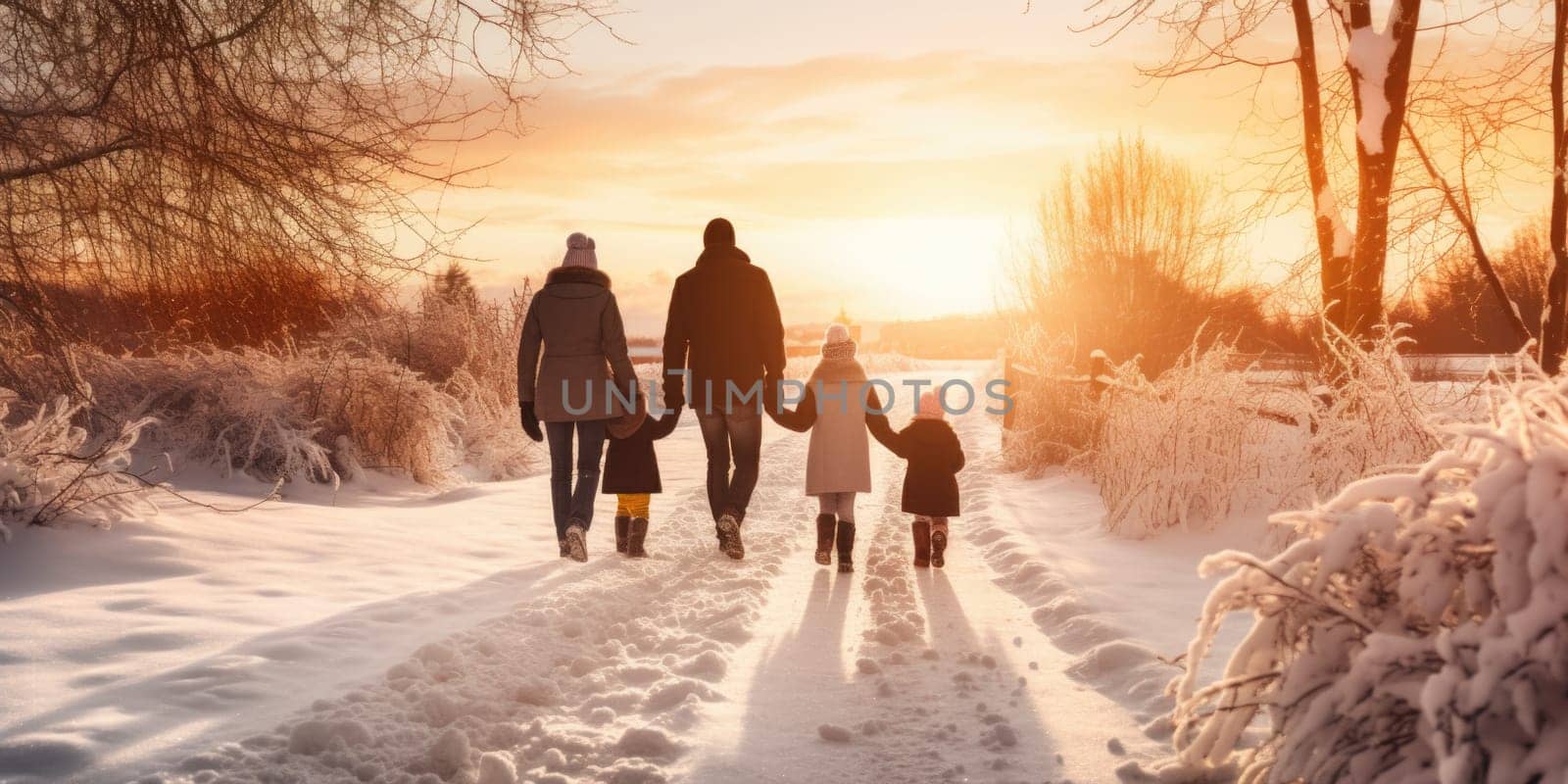 Happy family Father, mother and children are having fun and playing on snowy winter walk in nature. comeliness