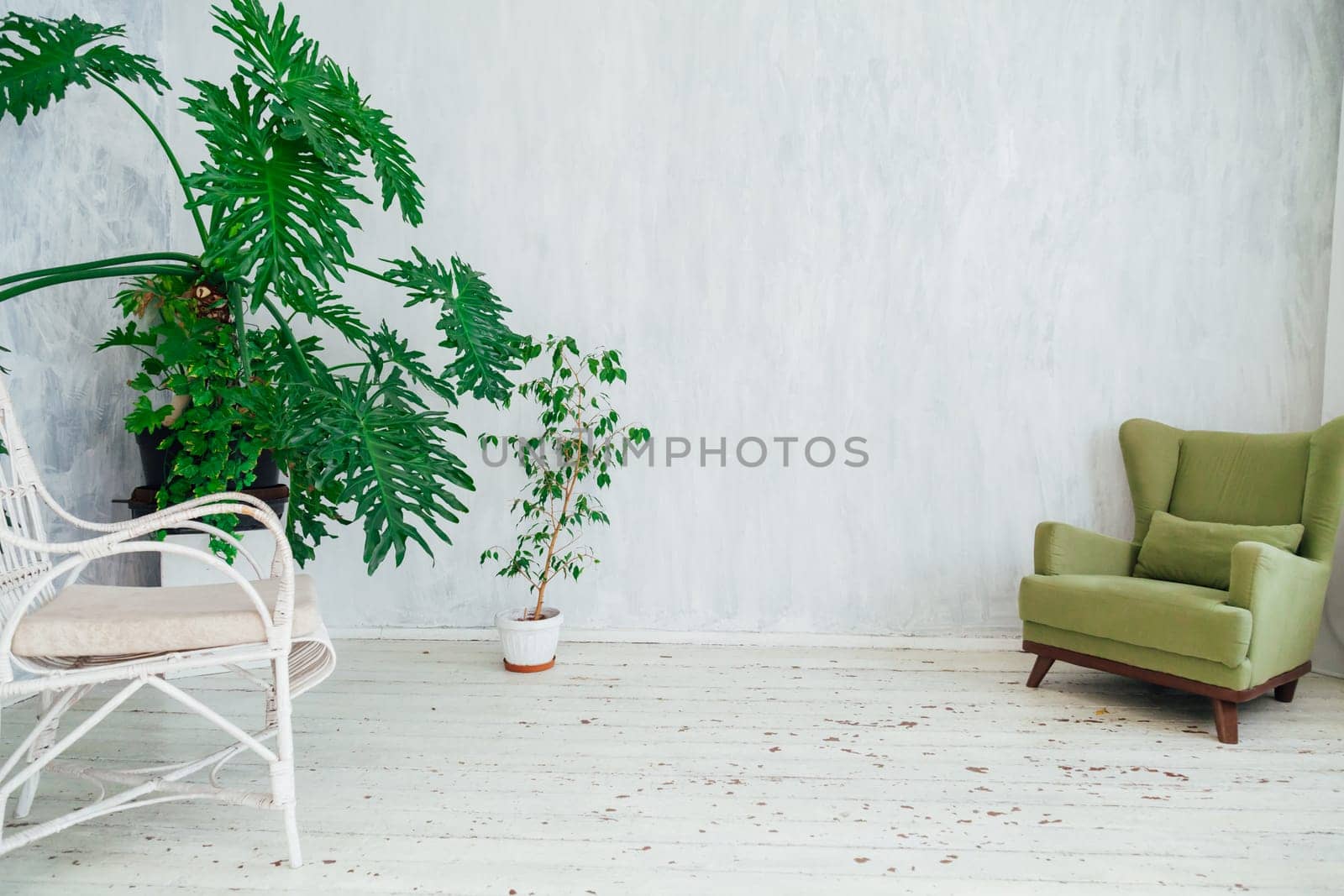 white and green chair with plants in a gray vintage room by Simakov