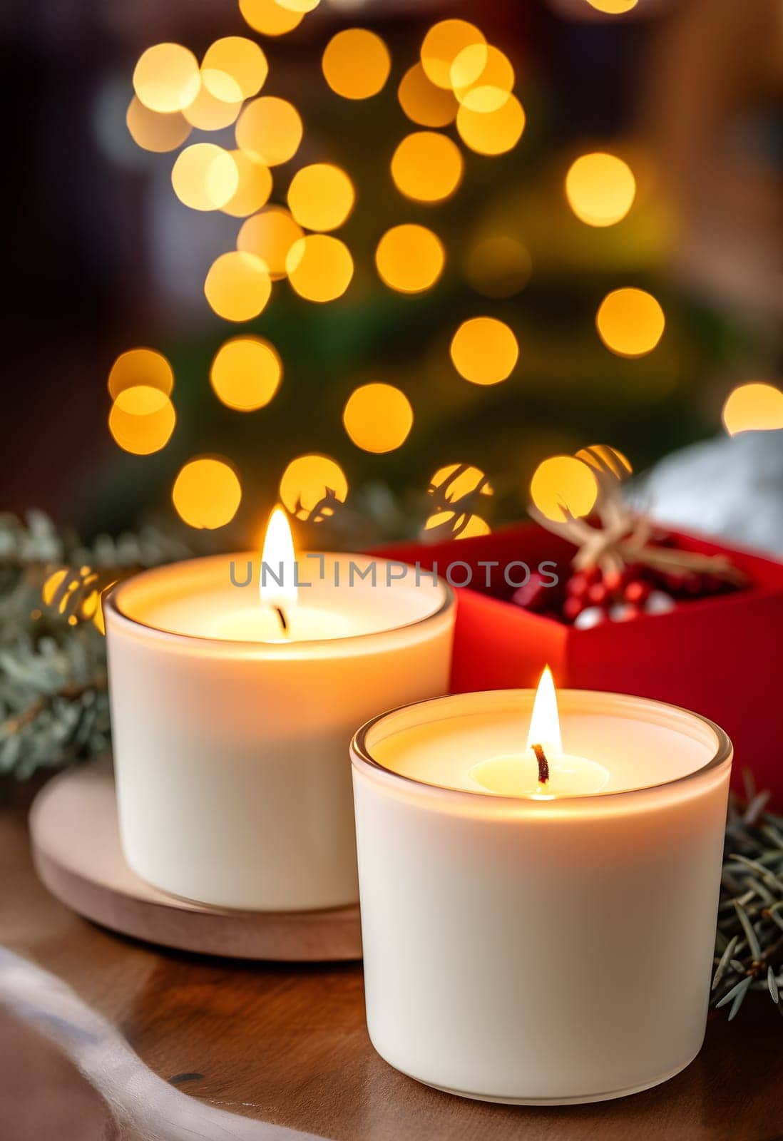 The warm glow of two wax candles on a table fills the indoor space with a festive light, evoking memories of christmas and creating a cozy ambiance - Generative AI