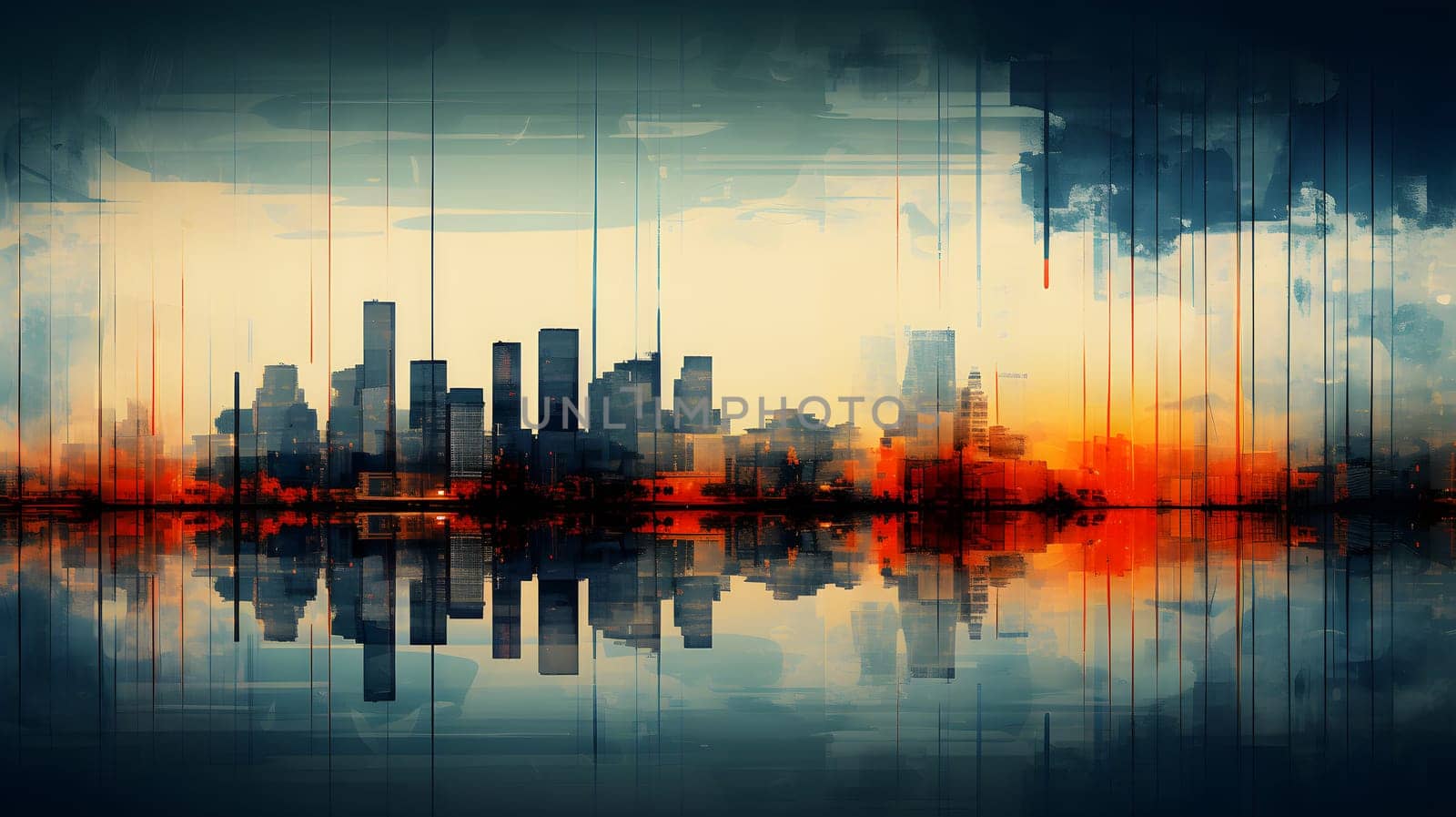 colored abstract city skyline with reflection - modern digital painting - AI generative