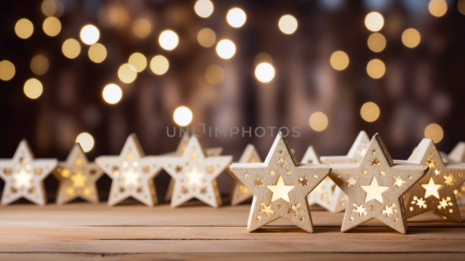 Christmas star lights on a wooden table - blurry background - AI generative