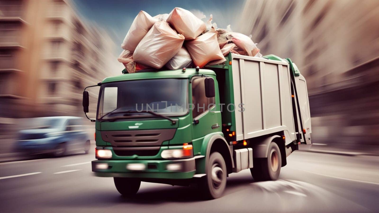 Garbage Truck full of trash, panning, motion blurred speeding city servicce waste management service by verbano