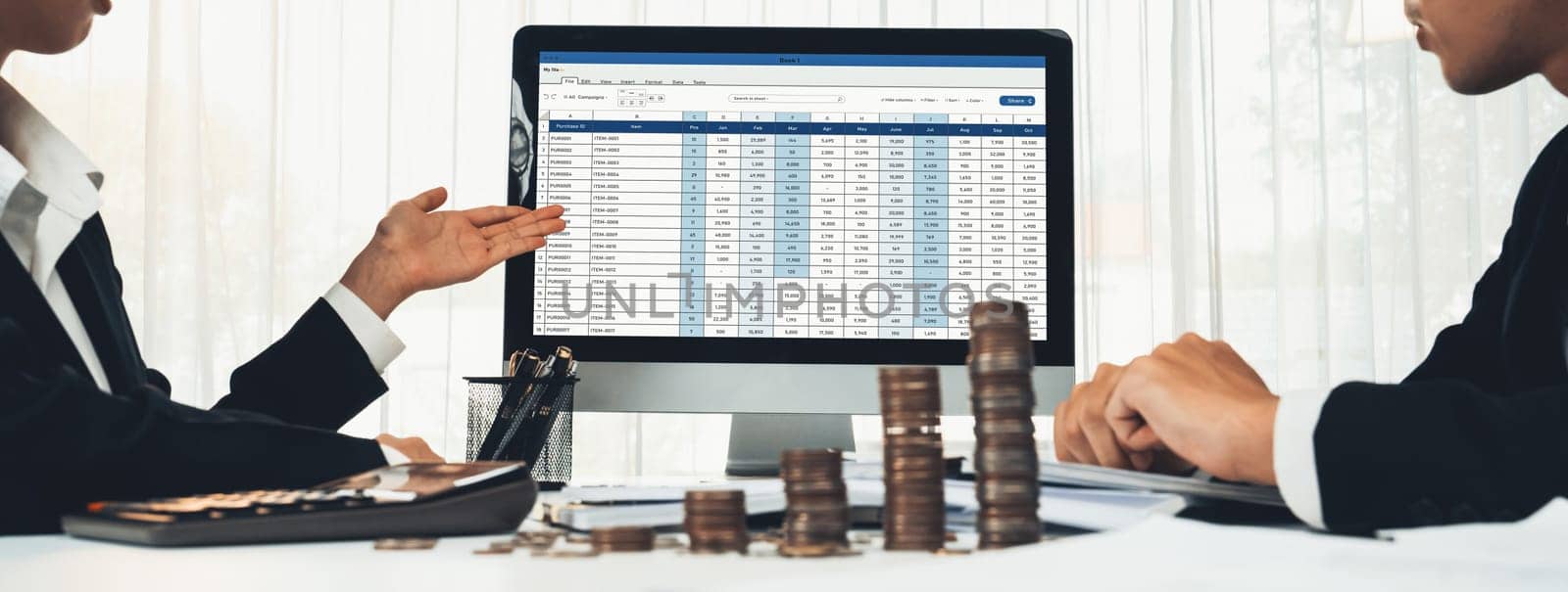 Corporate accountant use accounting software on laptop to calculate and maximize tax refunds and improve financial performance with business investment concept of growth stack coin in panorama. Shrewd