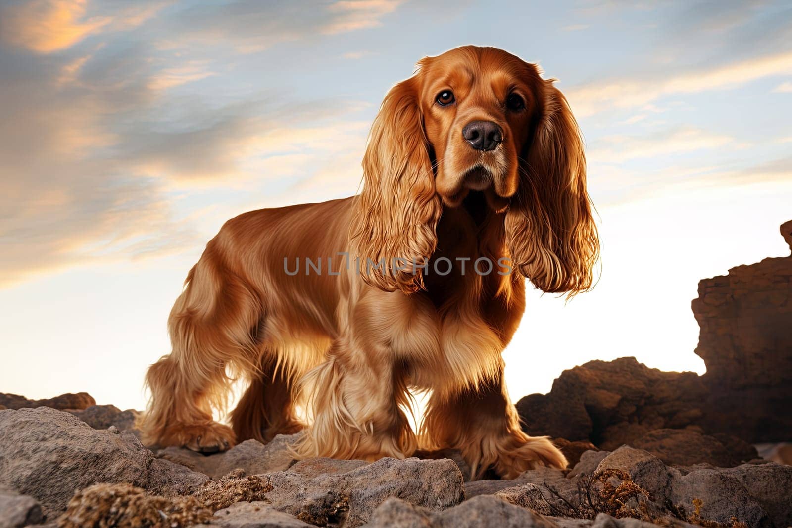 Portrait of a cocker spaniel on a nature, close up photo. Ai generative art