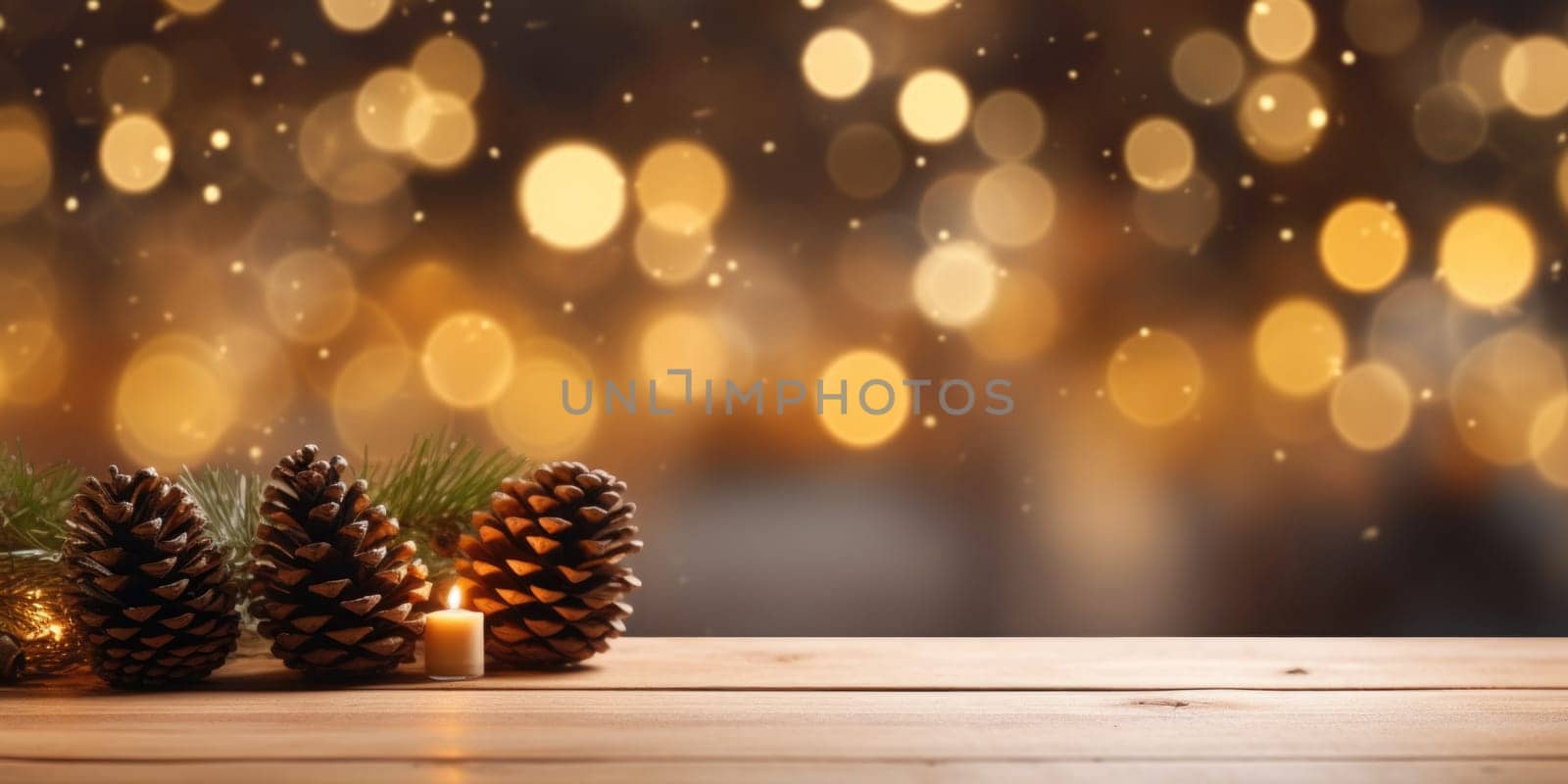 Merry Christmas and Happy New Year background with empty wooden table over Christmas tree and blurred light bokeh. Empty display for product placement. Rustic vintage Xmas 2024 background. comeliness