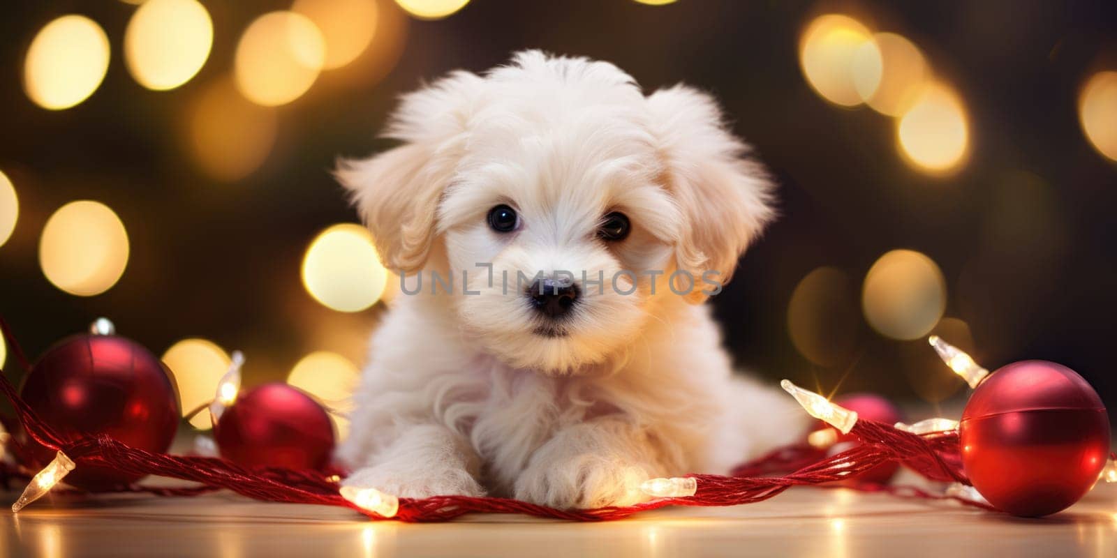 Adorable dog wearing Santa hats at room decorated for Christmas comeliness