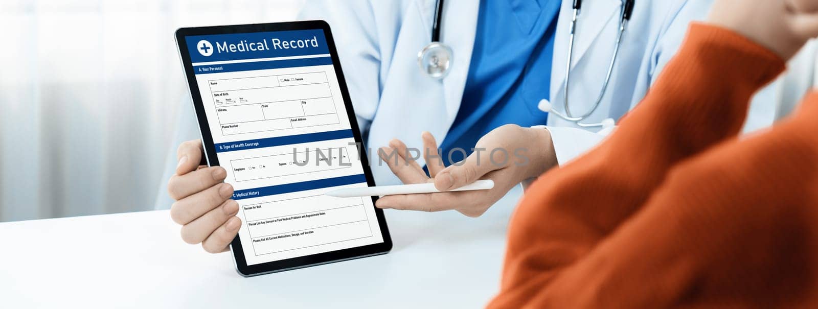Laptop display medical report on blurred doctor office. Rigid by biancoblue