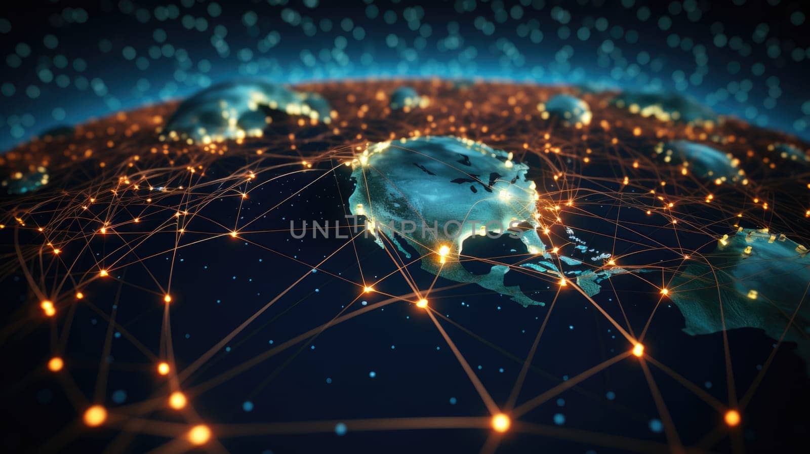 Communication technology with connections around globe Earth showing concept of Internet, IoT, cyberspace, global business, innovation, big data science, digital finance, blockchain.