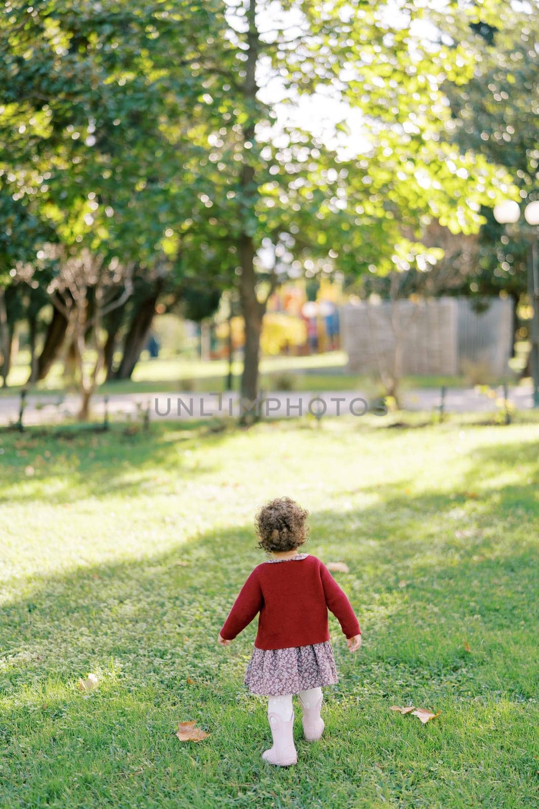 Little girl walks on the green grass in the garden. Back view. High quality photo