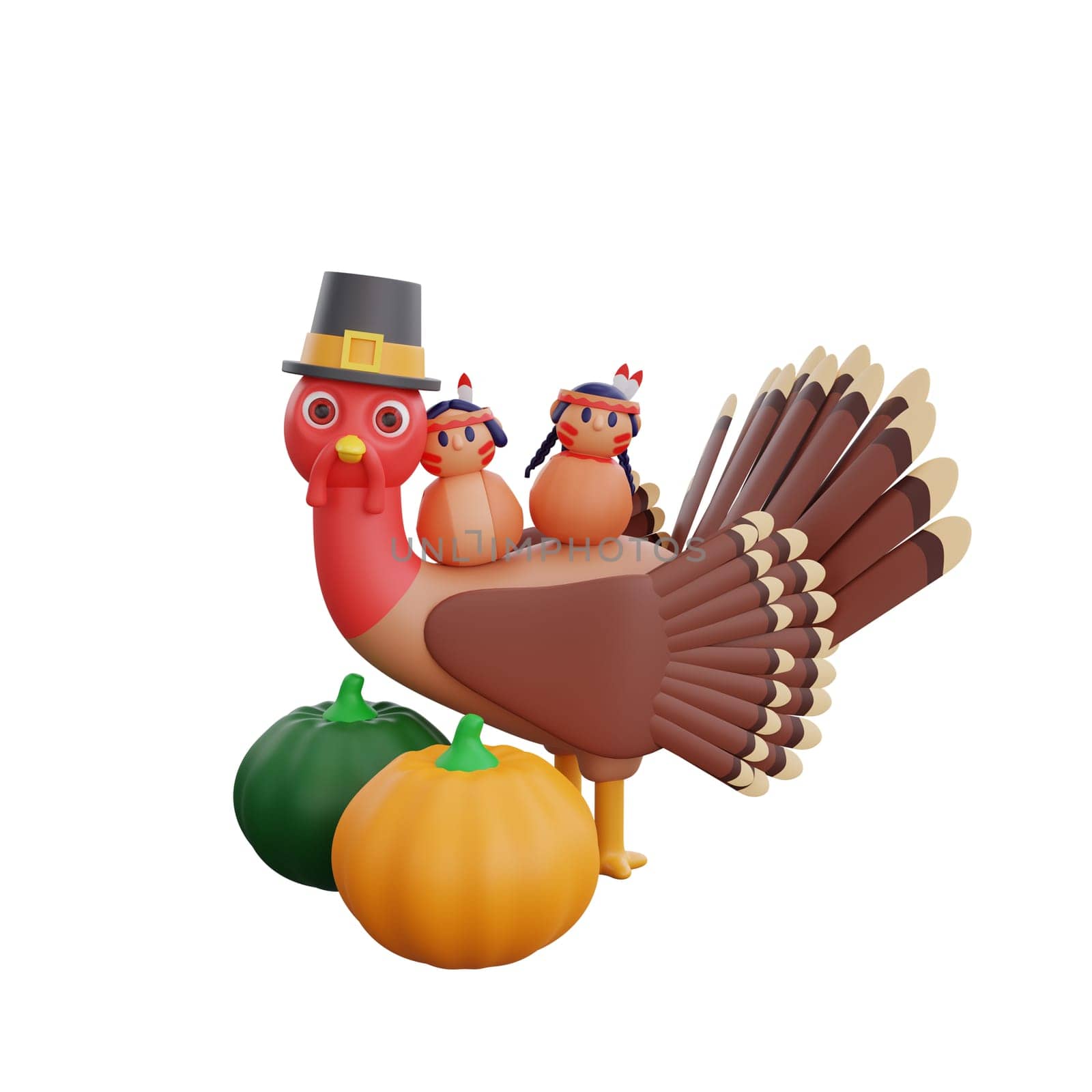 3d illustration of a turkey wearing a hat and two Native American dolls, accompanied by two vibrant pumpkins. perfect theme for Thanksgiving design