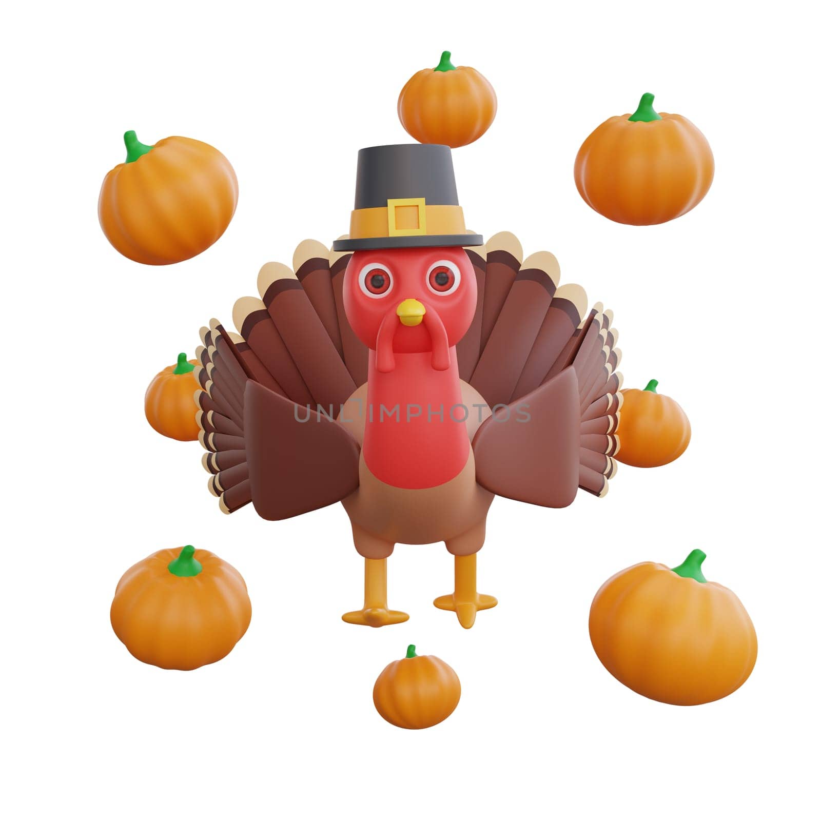 3D illustration turkey donning a pilgrim hat, surrounded by vibrant orange pumpkins. perfect theme thanksgiving design
