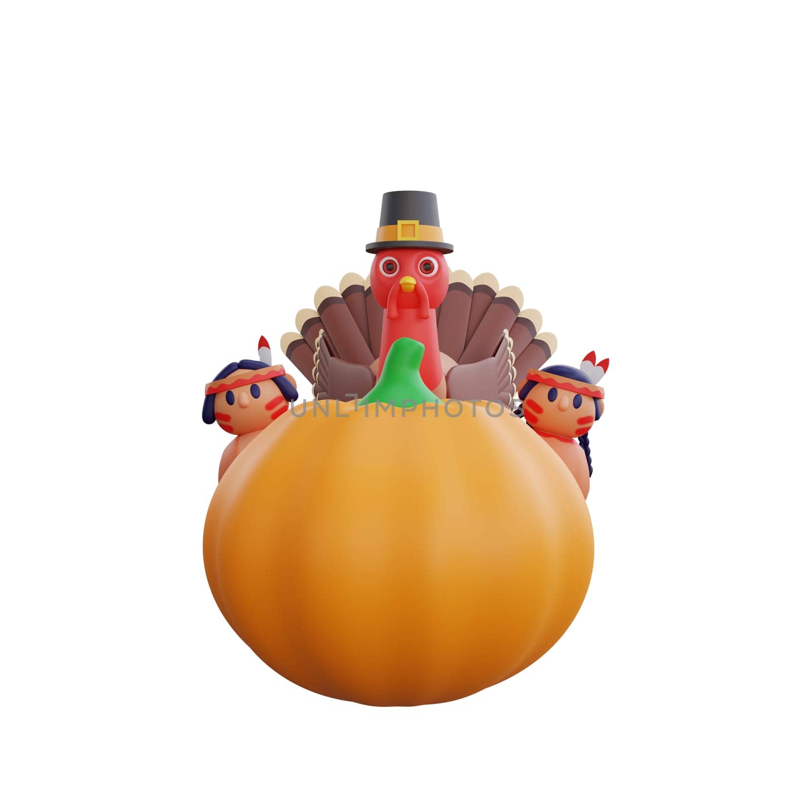 3D illustration of a turkey wearing a hat, standing on a large pumpkin, flanked by two Native American dolls. perfect theme for Thanksgiving design
