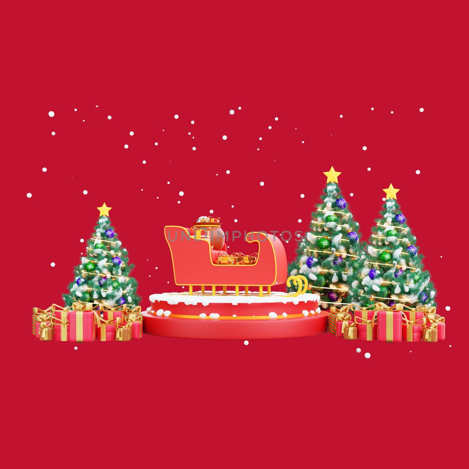 3D illustration festive Christmas scene. Features a sleigh, beautifully decorated trees, and an array of colorful presents. Perfect for Christmas and happy New Year celebrations