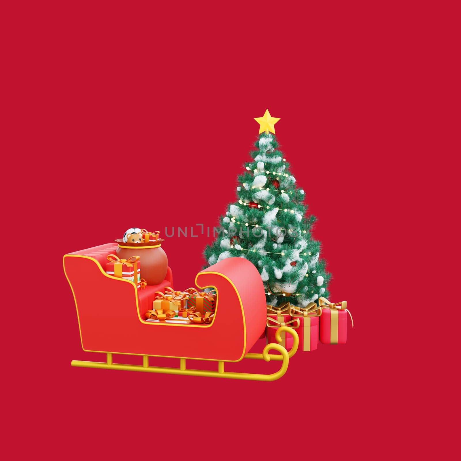 3D illustration of a Christmas sleigh, filled with a beautifully decorated tree and an array of colorful gifts. Perfect for Christmas and happy New Year celebrations