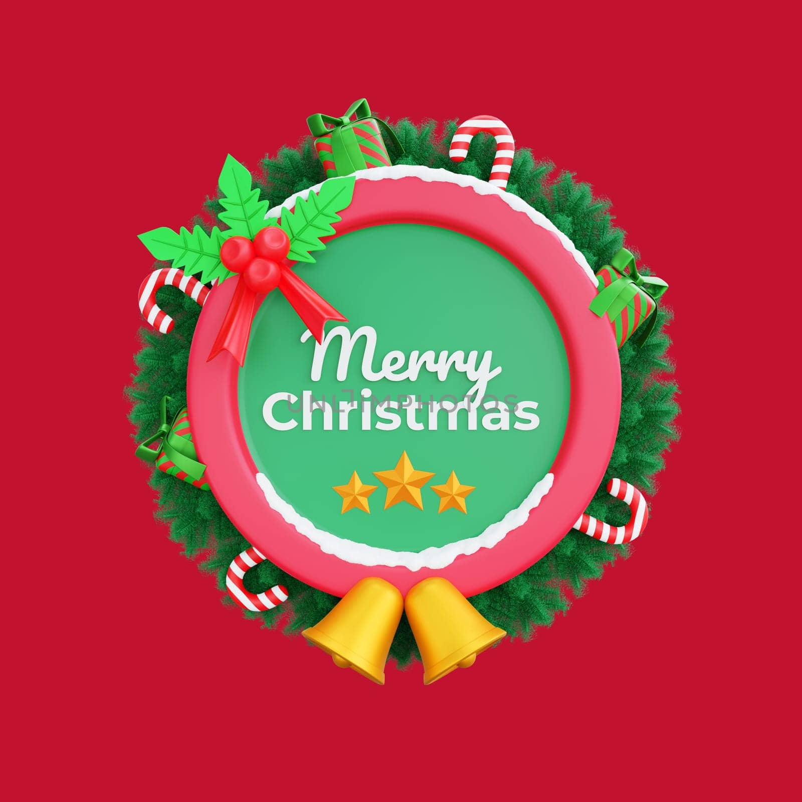3D illustration of a festive Christmas wreath adorned with gold bells and candy canes, featuring the message Merry Christmas. Perfect for Christmas and Happy New Year celebrations