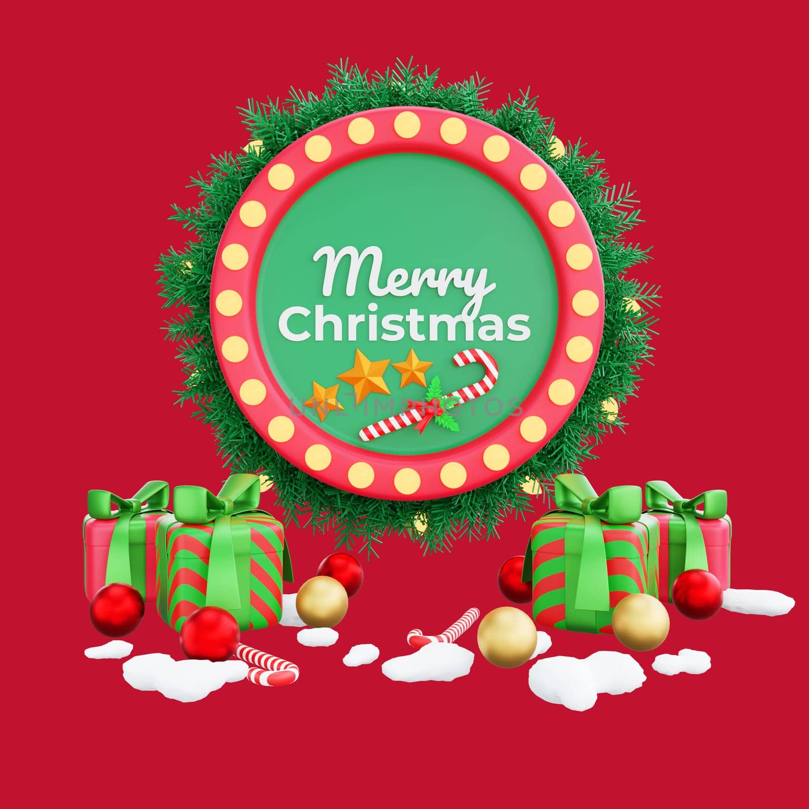 3D illustration of a festive Christmas wreath adorned with gifts and decorations, surrounded by gifts, candy canes, and snowflakes, with the message Merry Christmas. Perfect for Christmas and Happy New Year celebrations