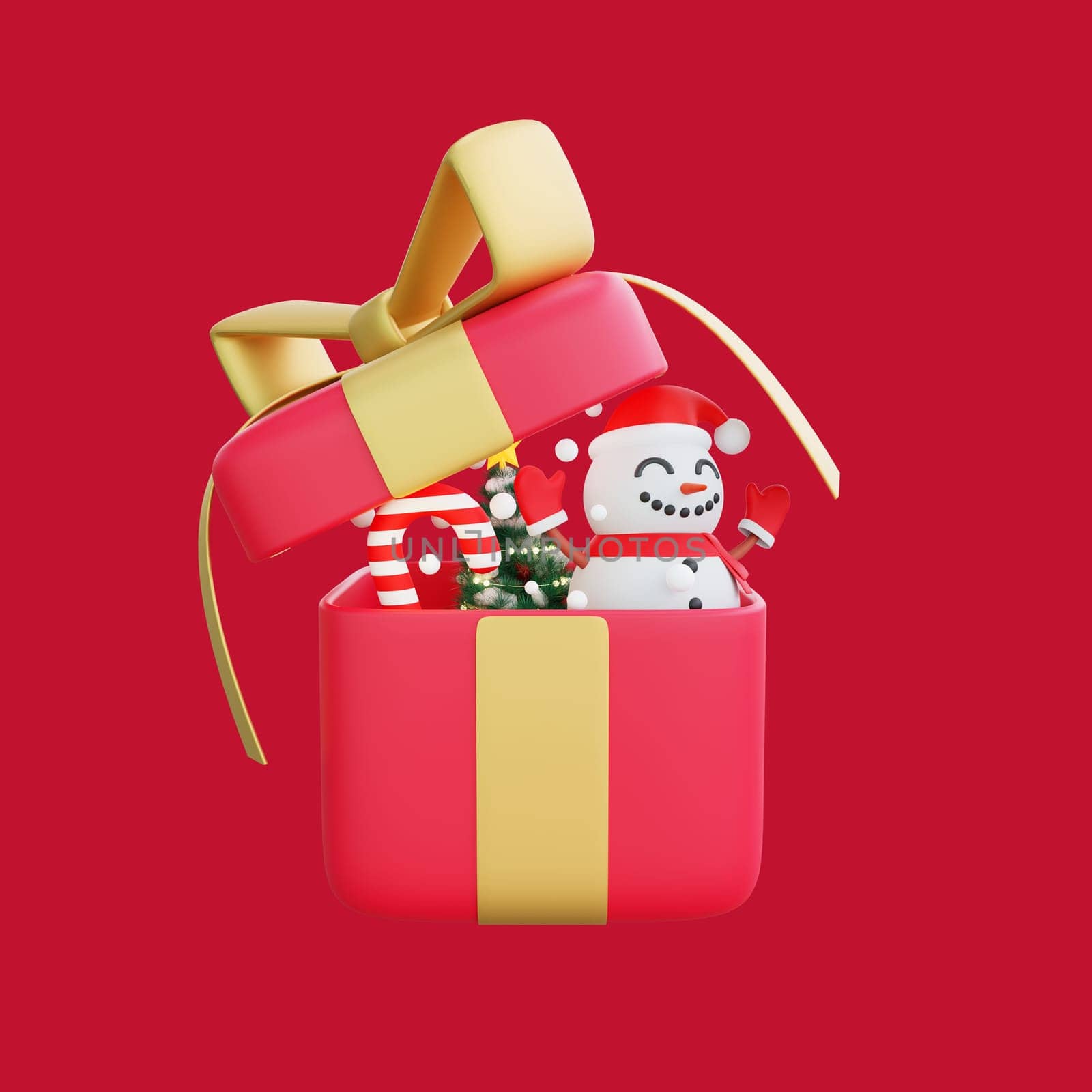 3D illustration of a festive red gift box with a gold ribbon, revealing a cheerful snowman, Christmas tree, and a candy cane inside. Perfect for Christmas and Happy New Year celebrations