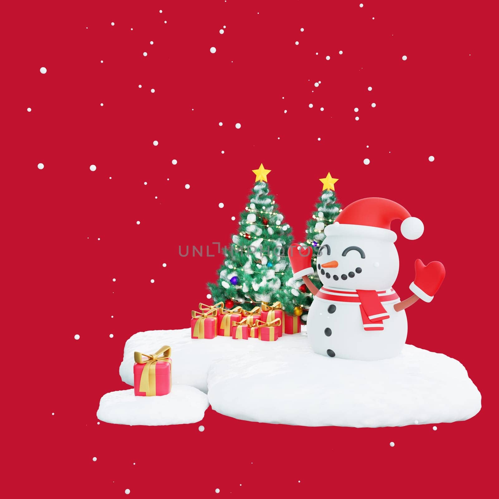 3D illustration of a cheerful snowman with a red Santa hat and mittens, standing next to a beautifully decorated Christmas tree with presents. Perfect for Christmas and Happy New Year celebrations
